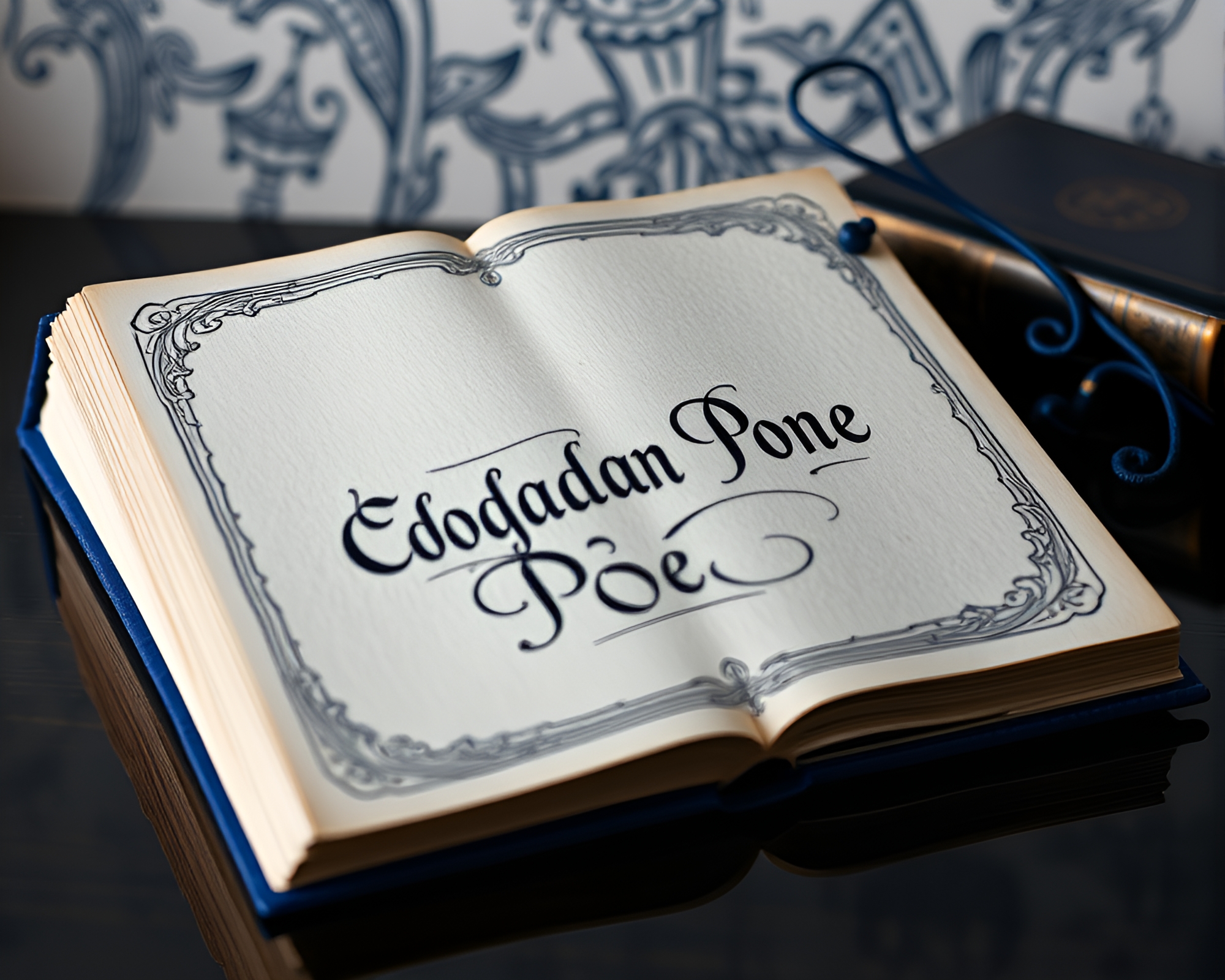 Edgar Allan Poe Book Reflecting Blue Calligraphy – free AI stock image