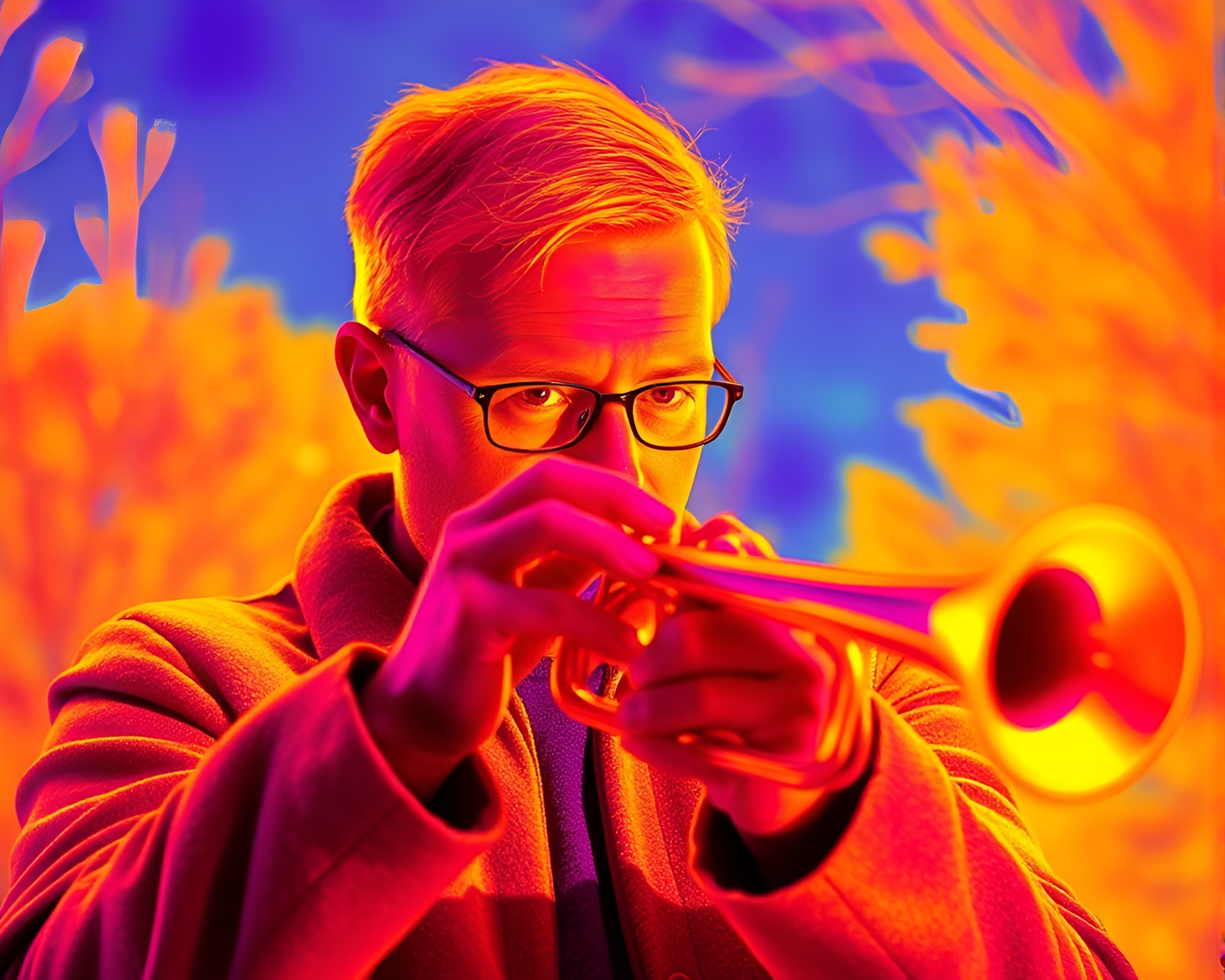 Surreal Thermal Trumpet Player in Ultraviolet Light – free AI stock image