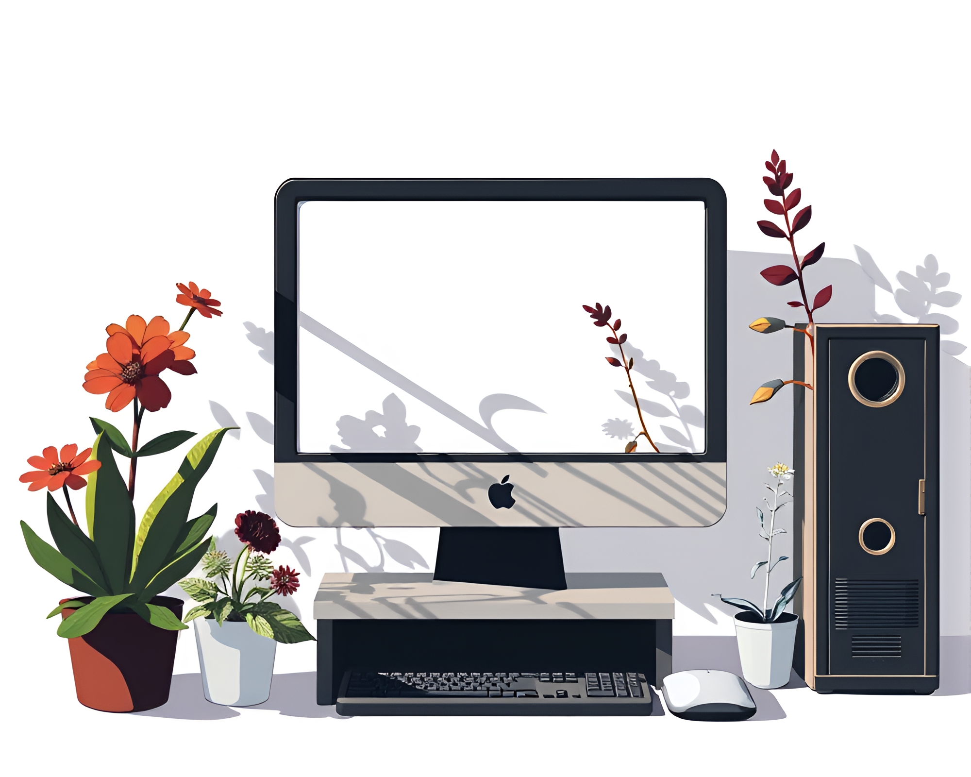 Botanical Quantum Computer with Stencil Shadows Illustration – free AI stock image