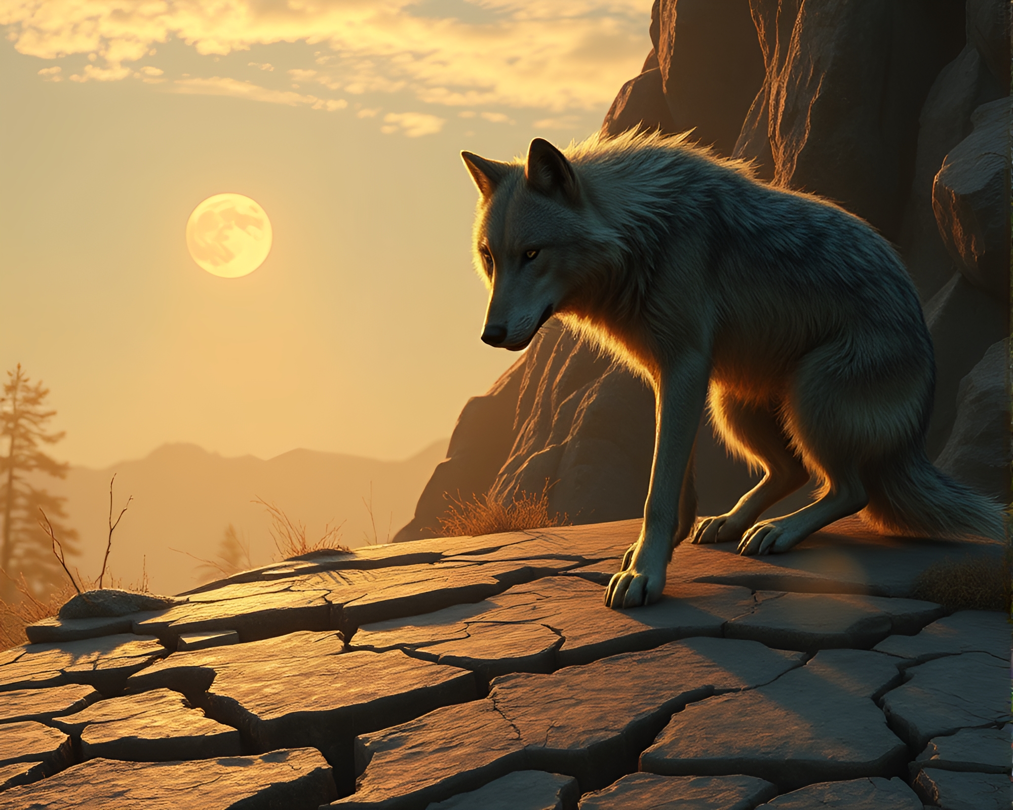 Werewolf in Utopian Cracked Earth at Sunrise – free AI stock image