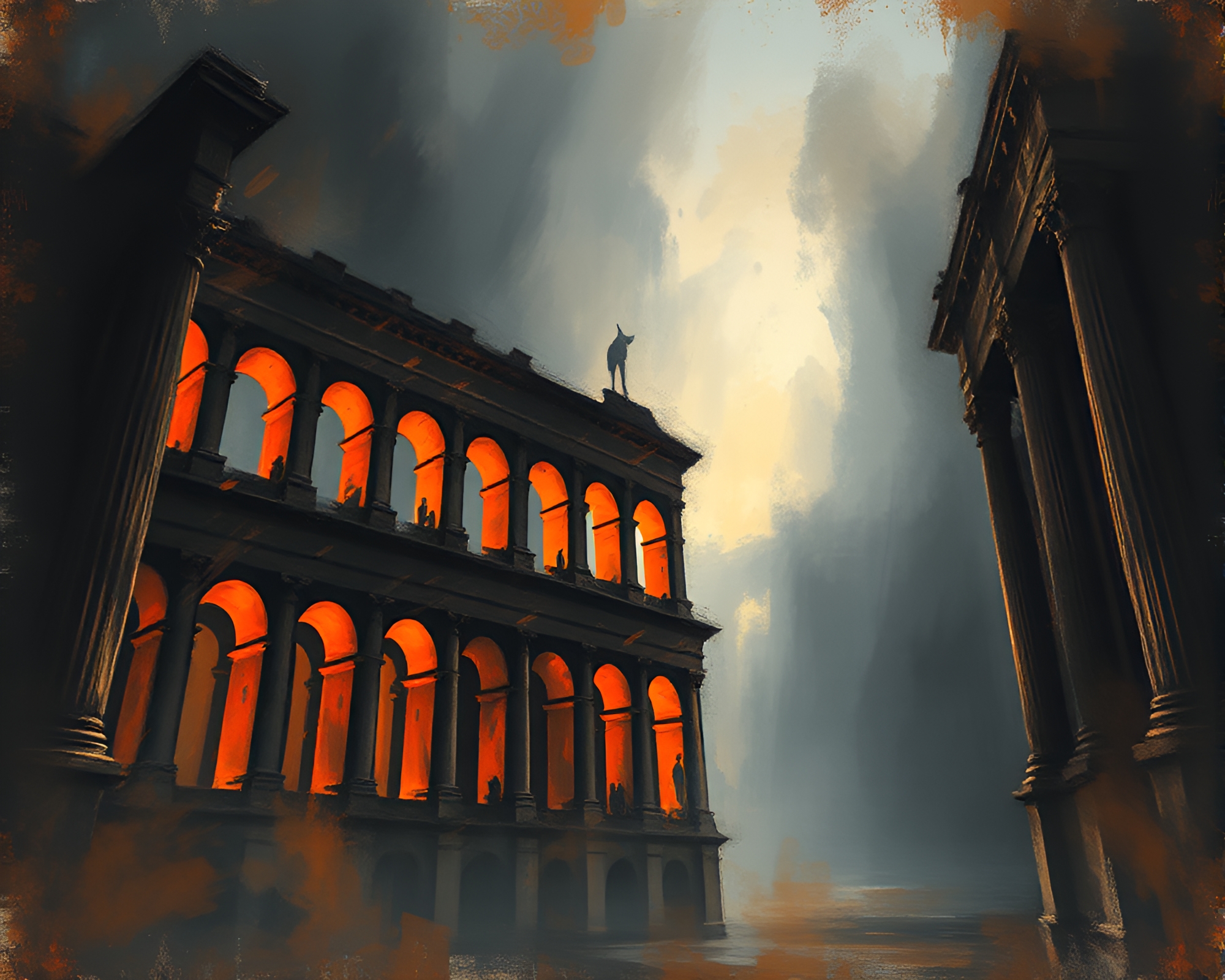 Surreal Charcoal Roman Coliseum With Stained Glass Cathedral – free AI stock image