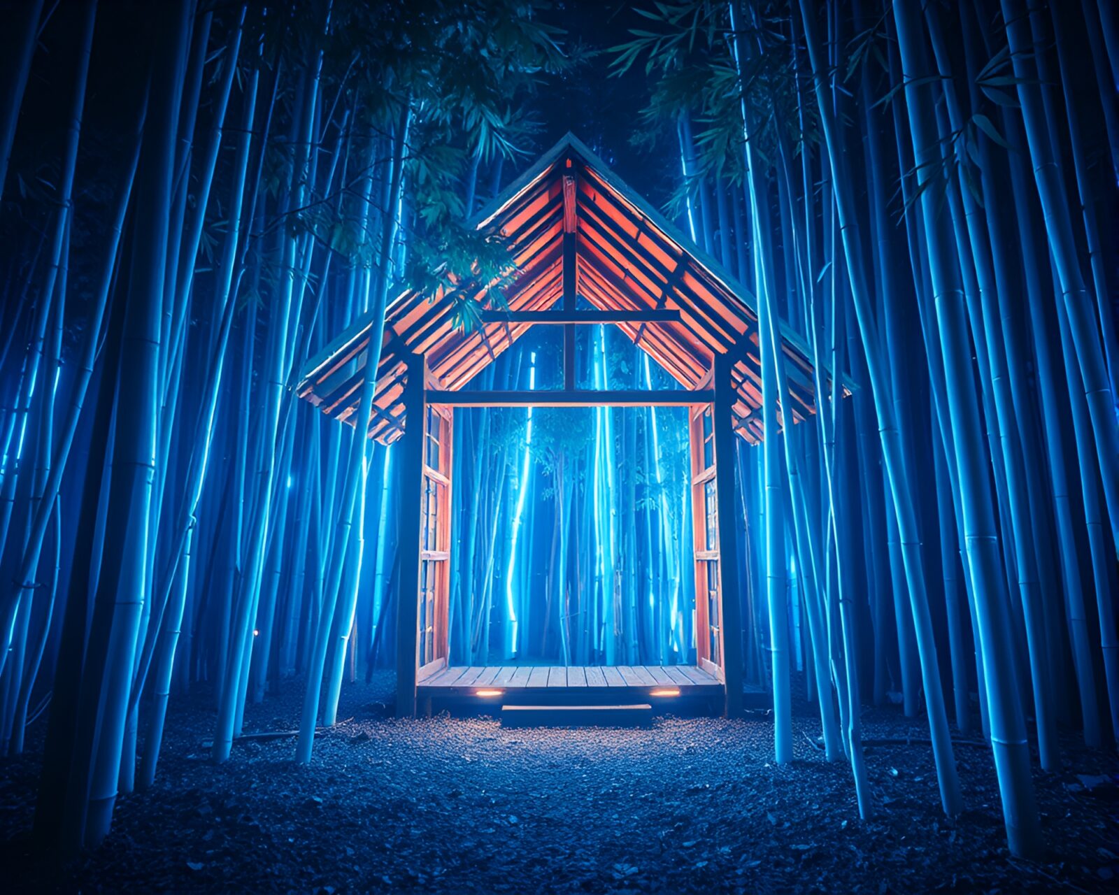 Surreal algorithmic art scene with bamboo hut and icy trails