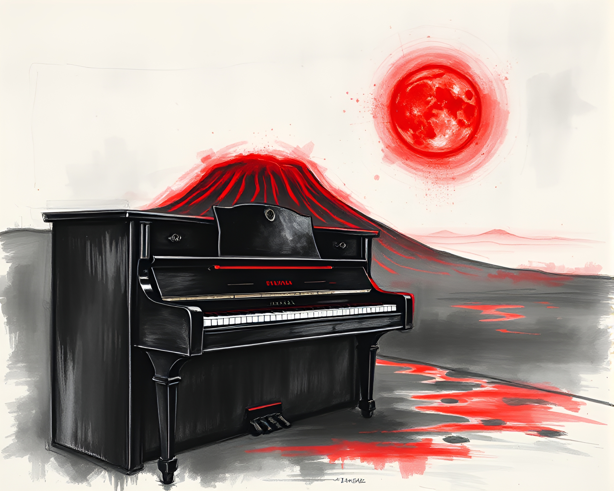 Neon Piano Symphony in Volcano Red Glow – free AI stock image