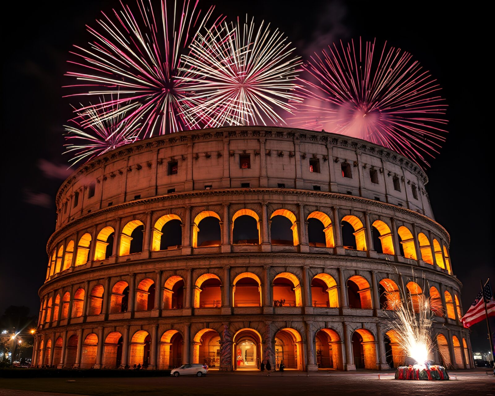 Colorful fireworks exploding above ancient coliseum adorned with neon graffiti