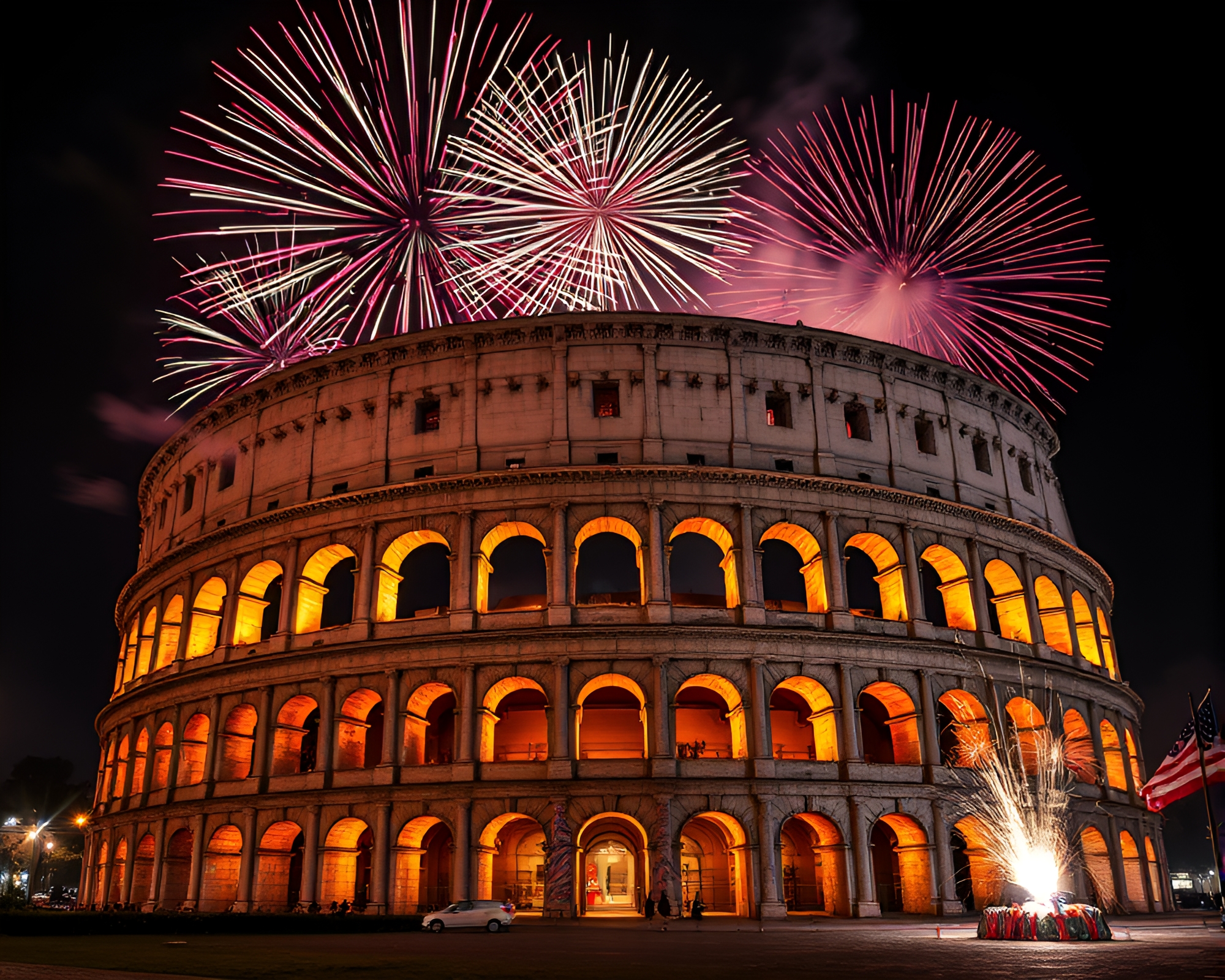 Vibrant Fireworks Illuminating Roman Coliseum with Neon Graffiti – free AI stock image