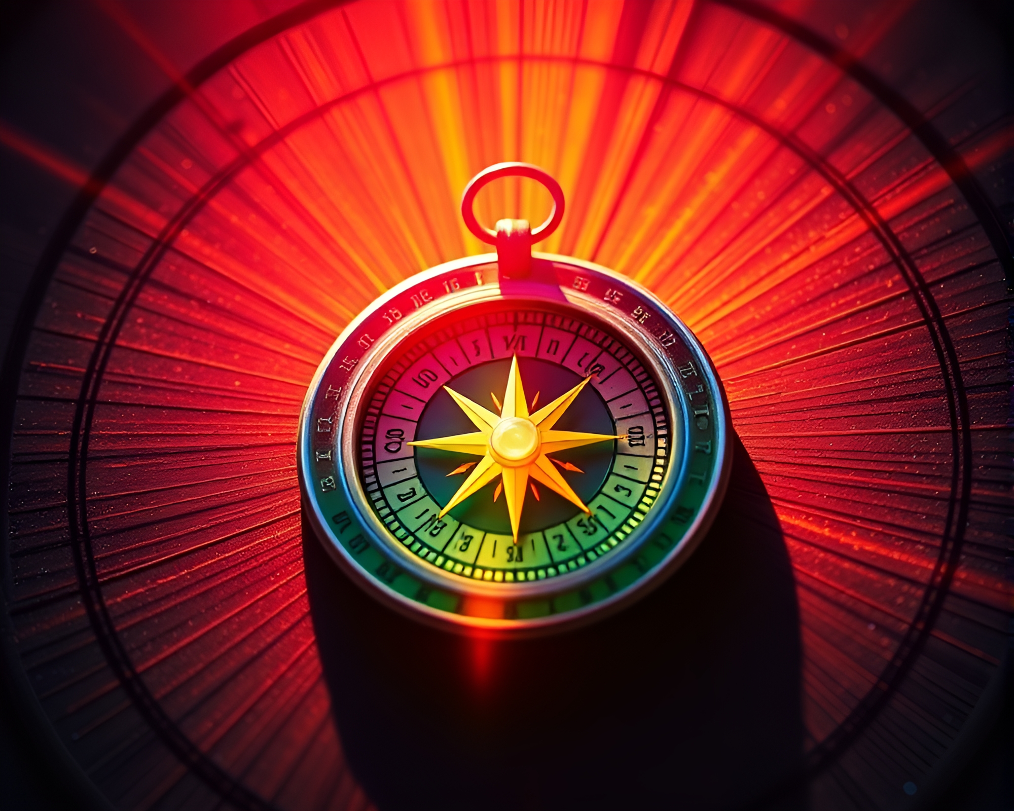Vibrant Pocket Sundial Bathed in Starburst Colors – free AI stock image