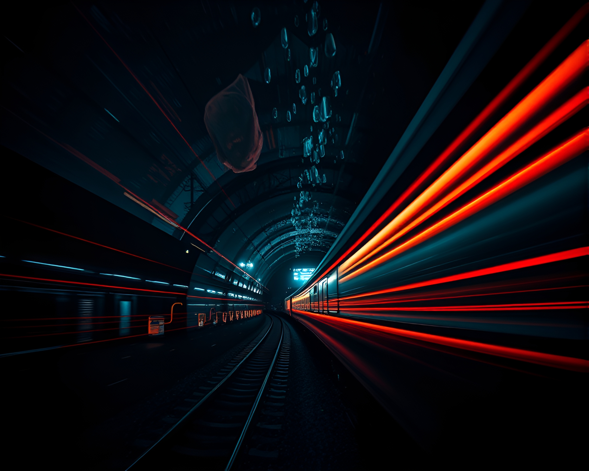 Underwater Train Light Trail in High-Contrast Noir – free AI stock image