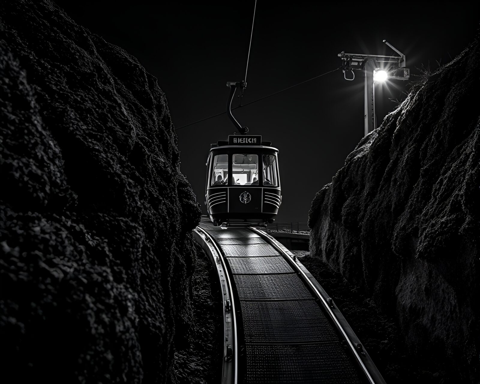 Surreal scene of neon-lit gondola lift against lichen background