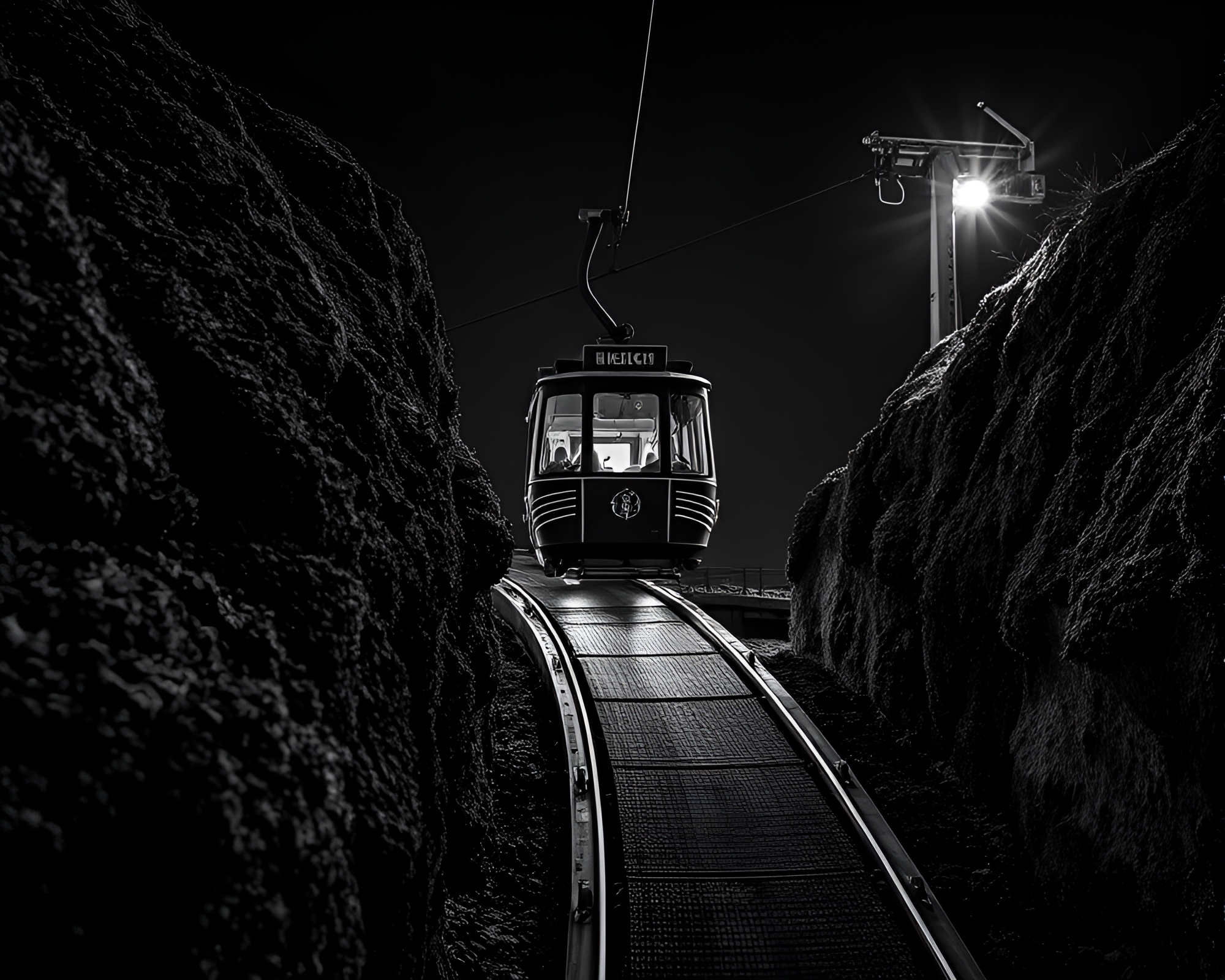 Lichen Textured Gondola Lift in Neon Monochrome Glow – free AI stock image