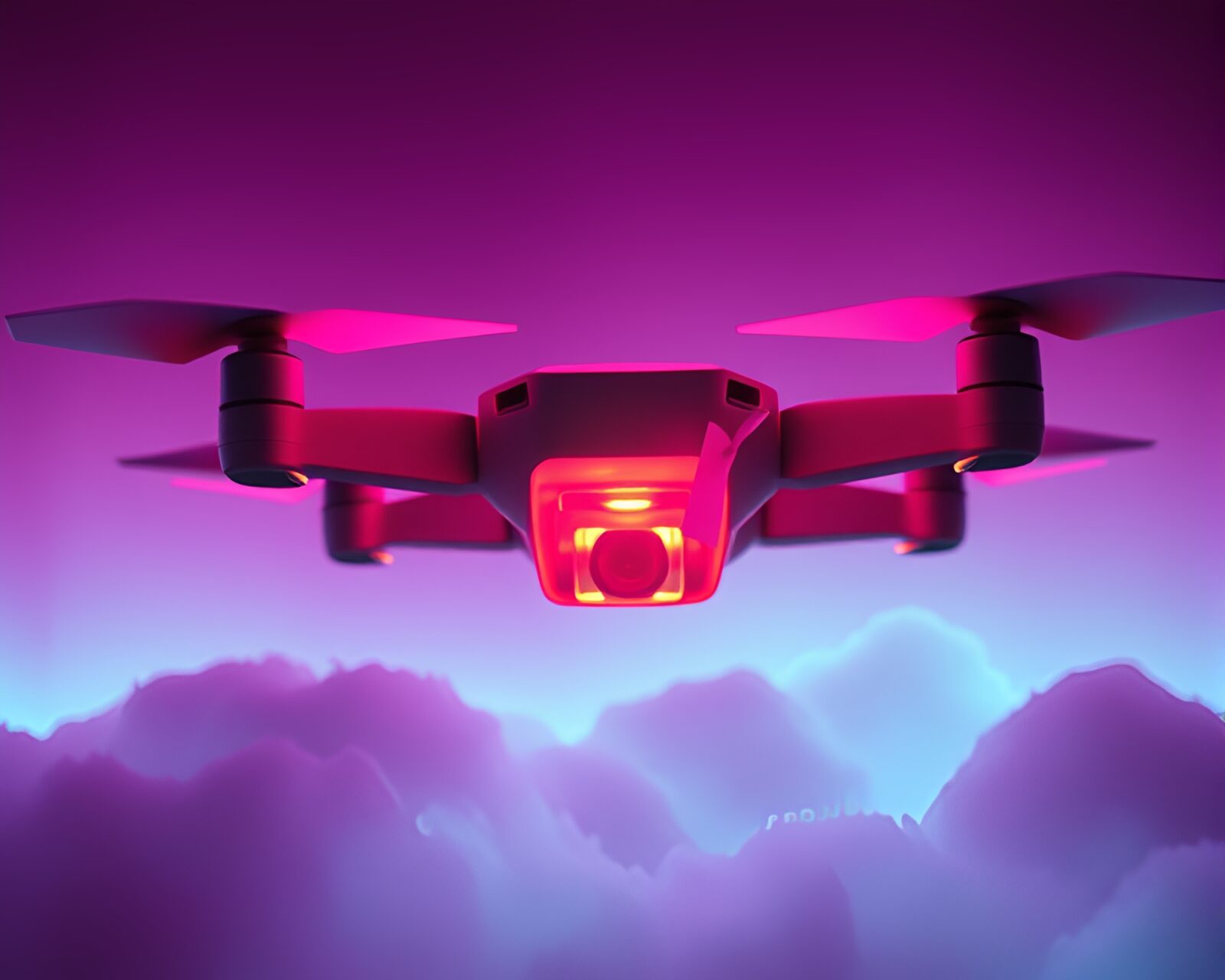 Infrared drone in vibrant aurora colors observing futuristic torn papers