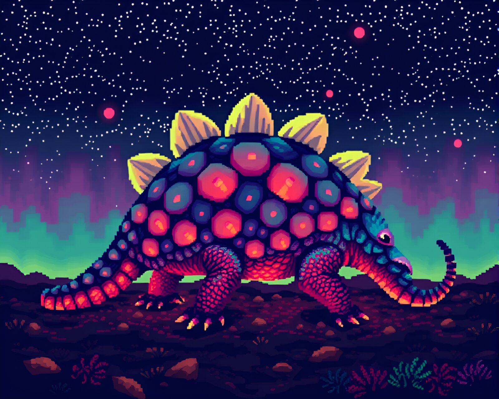Pixel art illustration of a majestic armadillo under aurora skies
