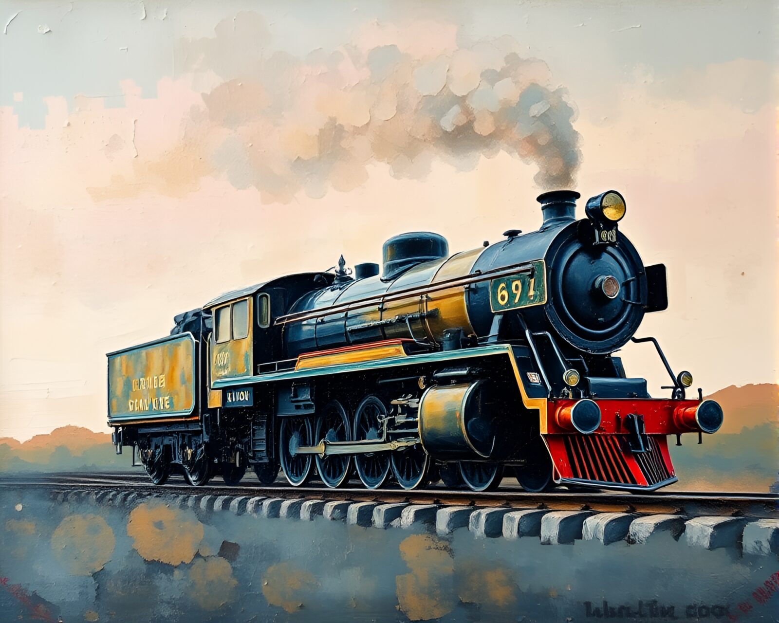Pastel-toned steam train in encaustic style with grain