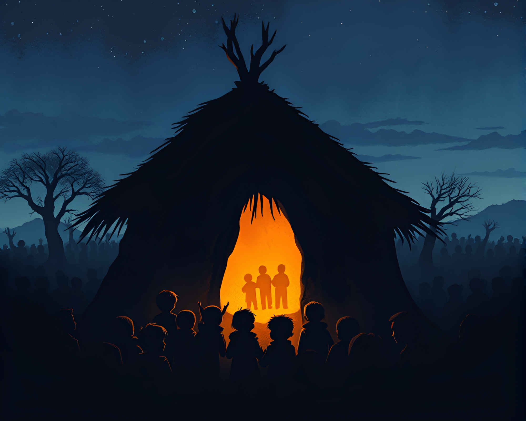 Silhouetted crowd at mud hut village – free AI stock image