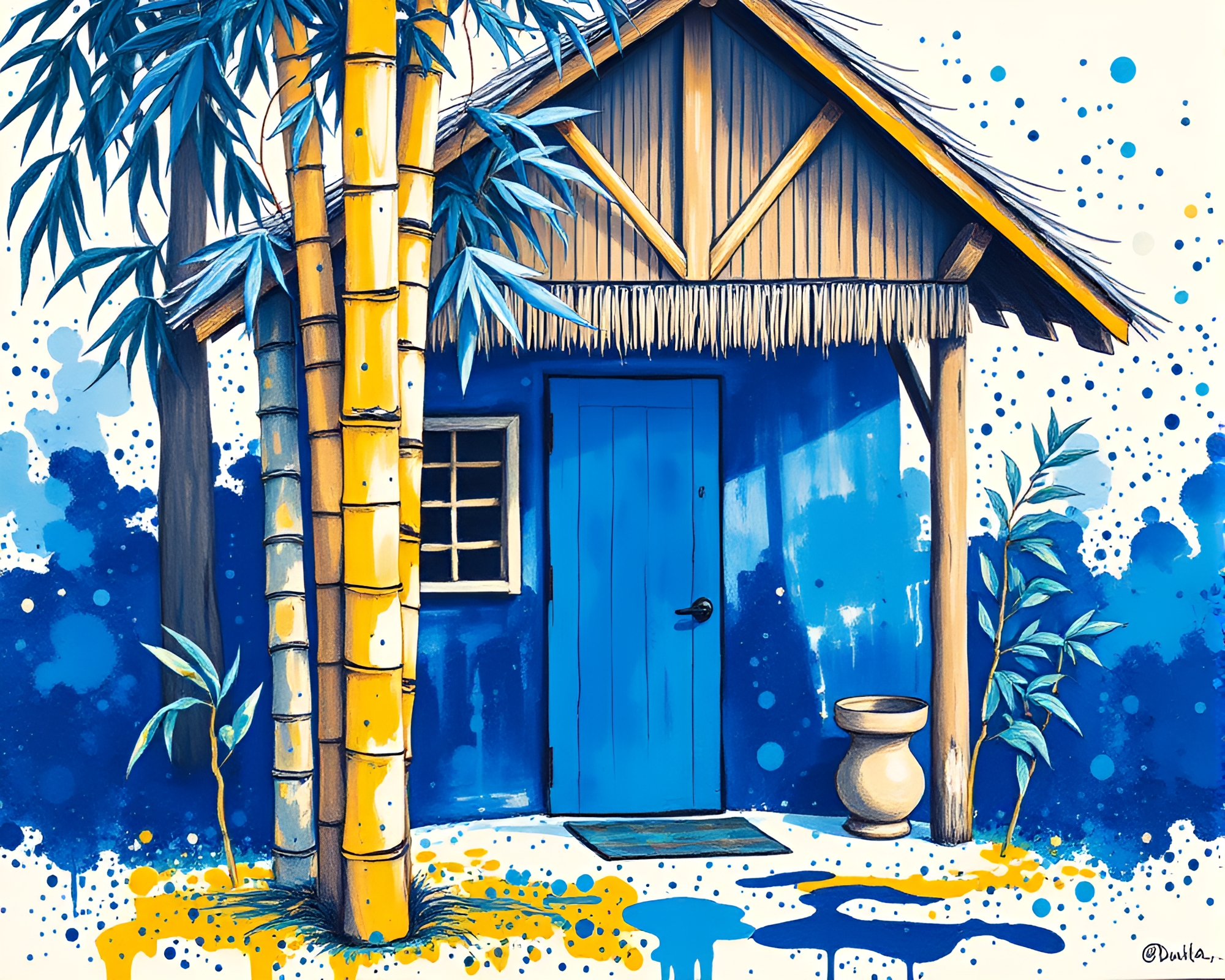 Bamboo Hut Oasis with Cobalt Blue Accents – free AI stock image