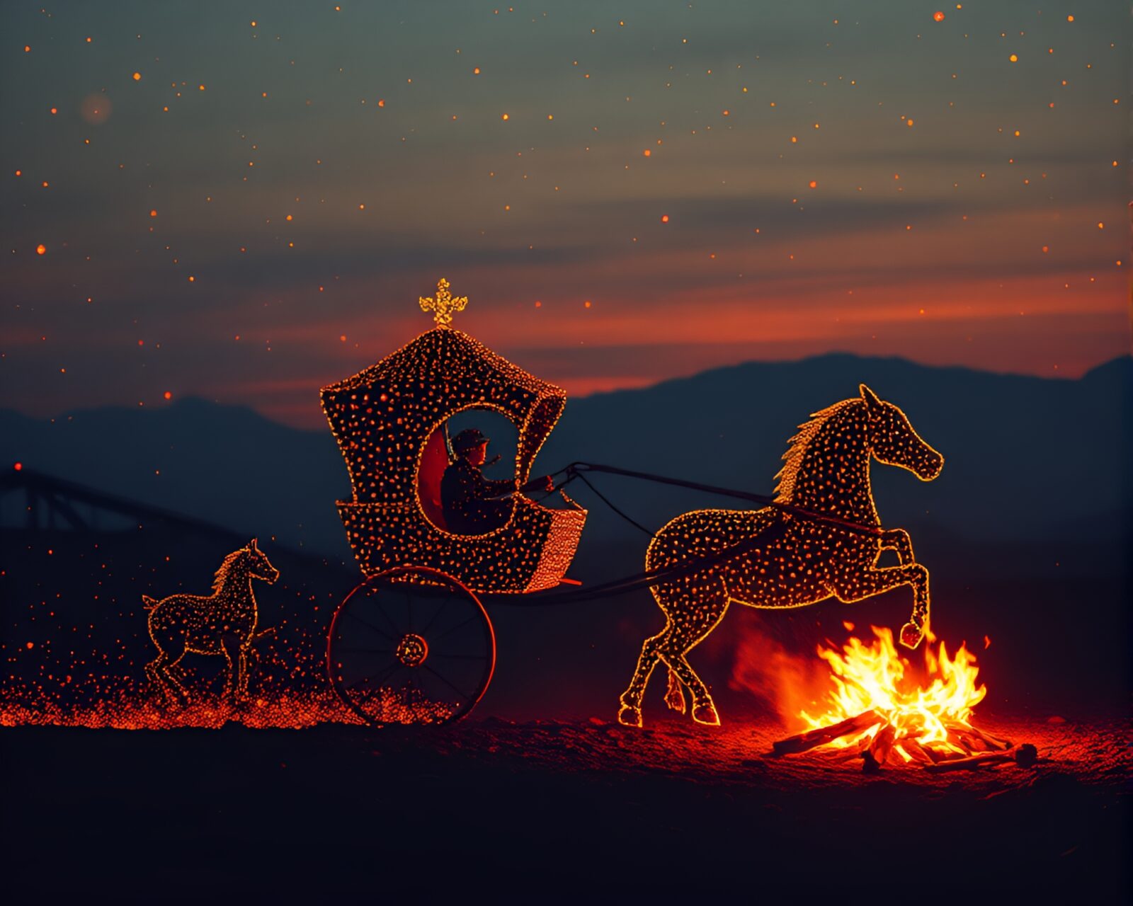 A vibrant screenprint style chariot in a warm bonfire glow