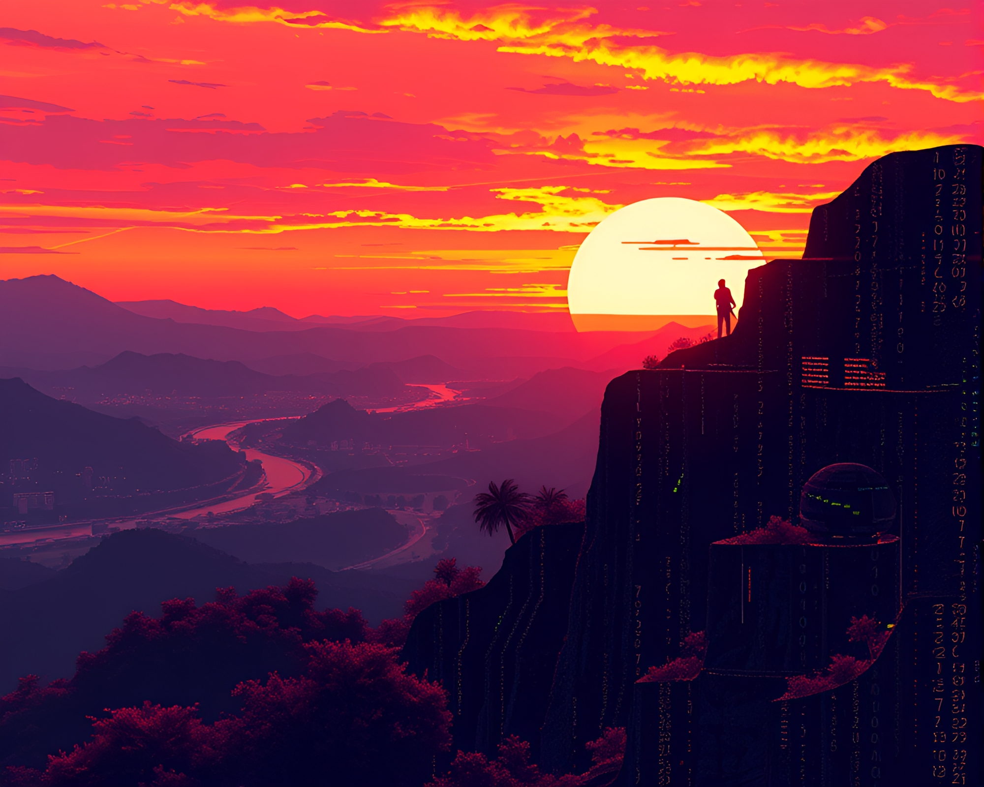 Cybernetic Eye Panorama at Sunset in ASCII Art – free AI stock image