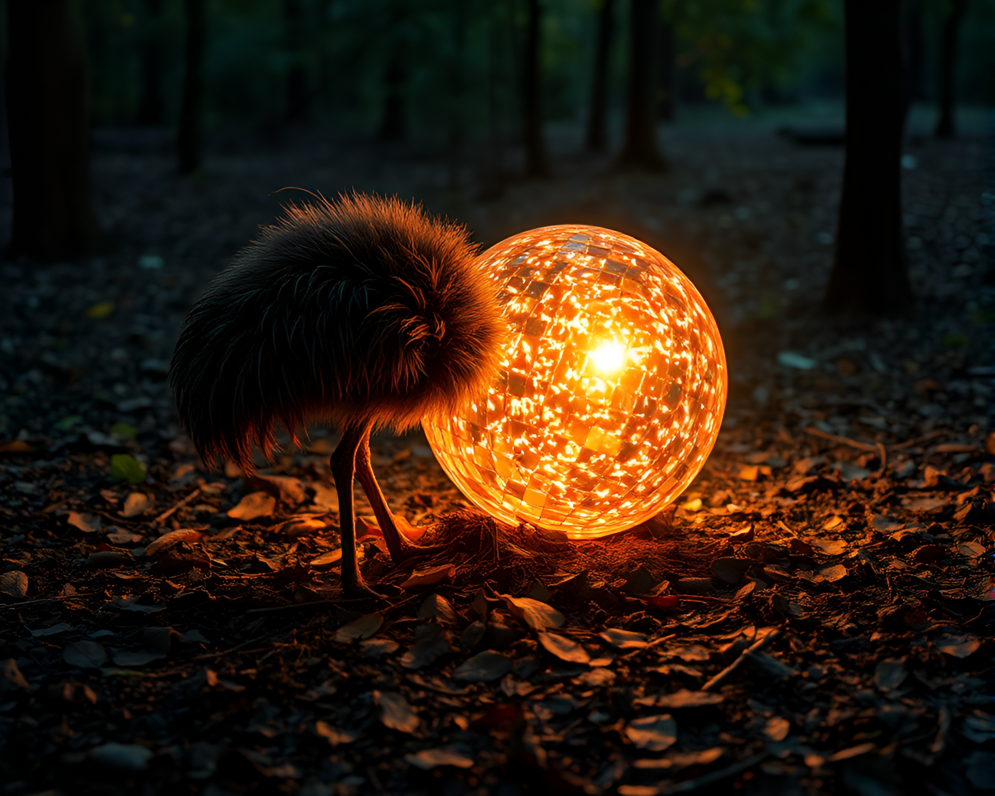 Op Art Ostrich Dances under Disco Ball Light – free AI stock image