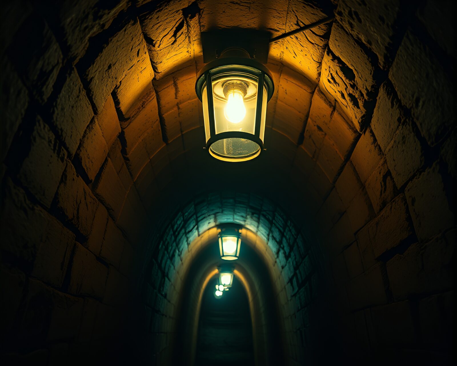 Intense close-up of eerie bunker lit by streetlamp glow