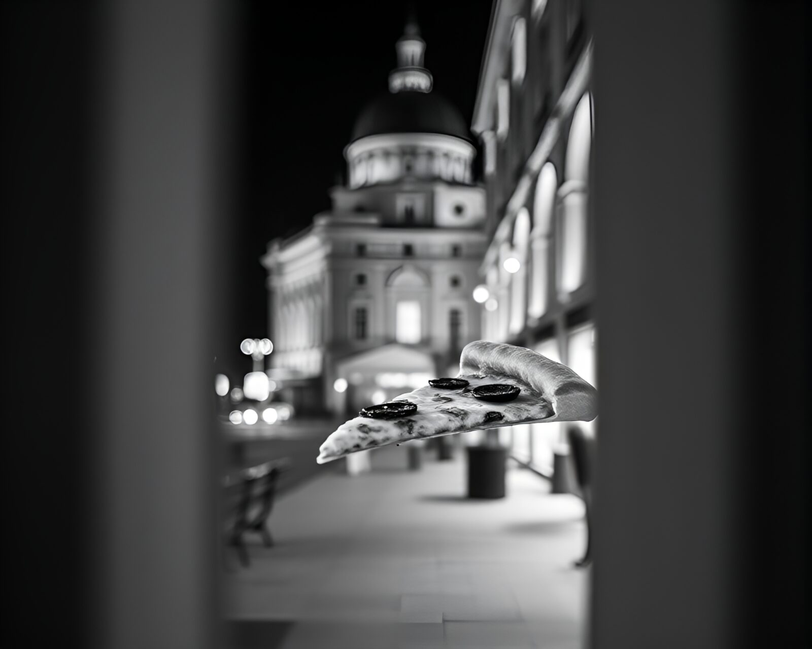 Abstract tilt-shift photo of architecturally framed pizza slice city