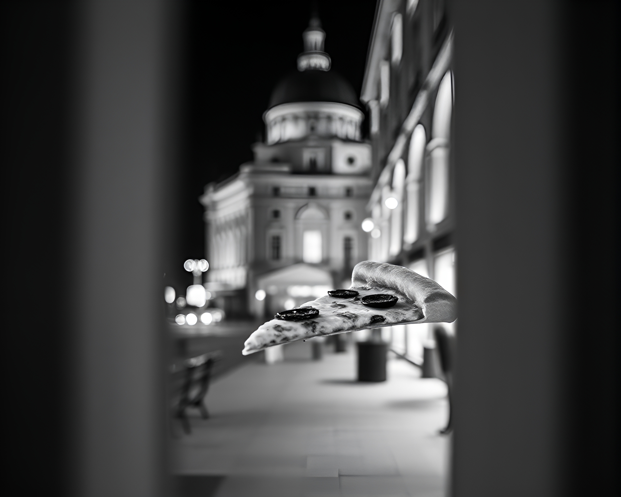Futuristic Pizza Slice Cityscape in Monochrome Blue – free AI stock image