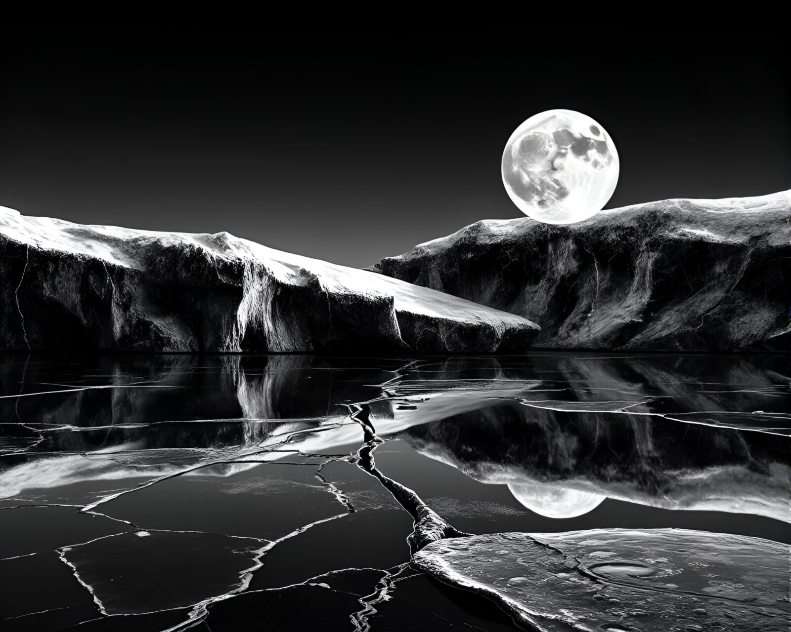 Ice cracked with retro wave grid in grayscale moonlight
