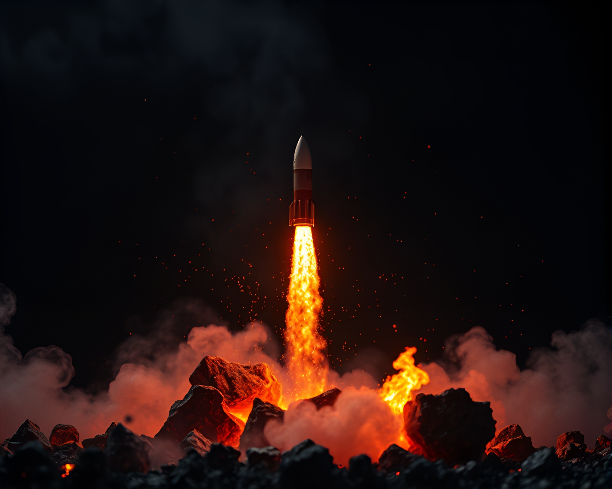 Rocket Launch Amidst Floating Embers and Theatrical Lighting – free AI stock image