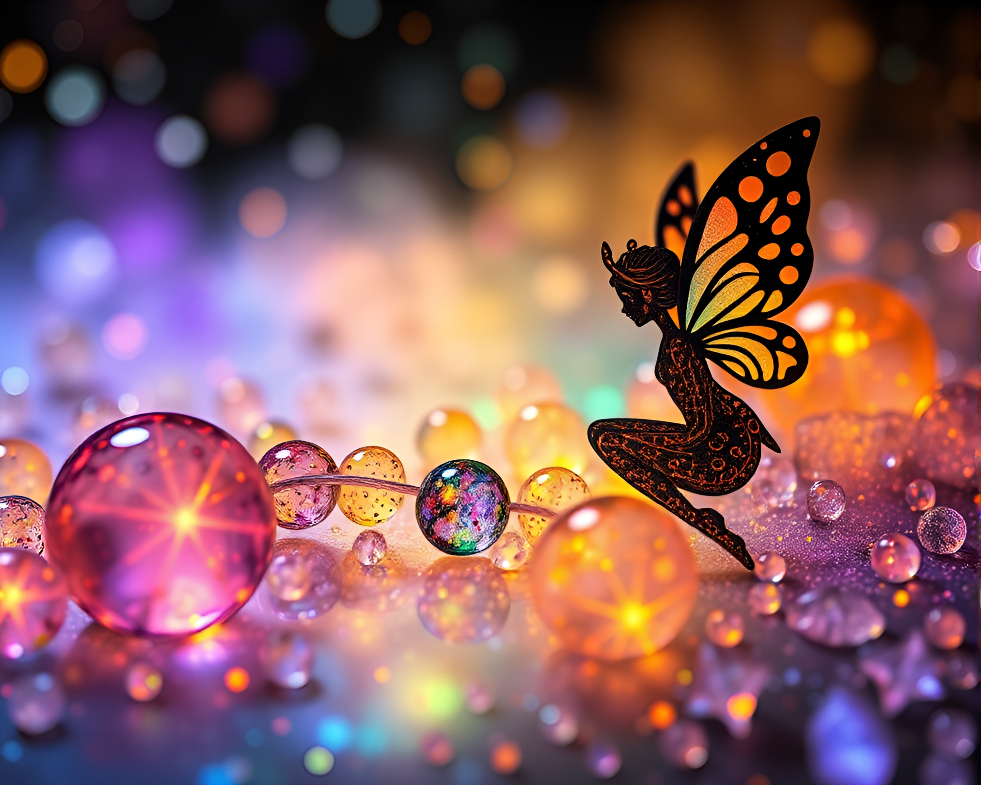 Steampunk Fairy in Galaxy Colors Through Wet Glass Beads – free AI stock image