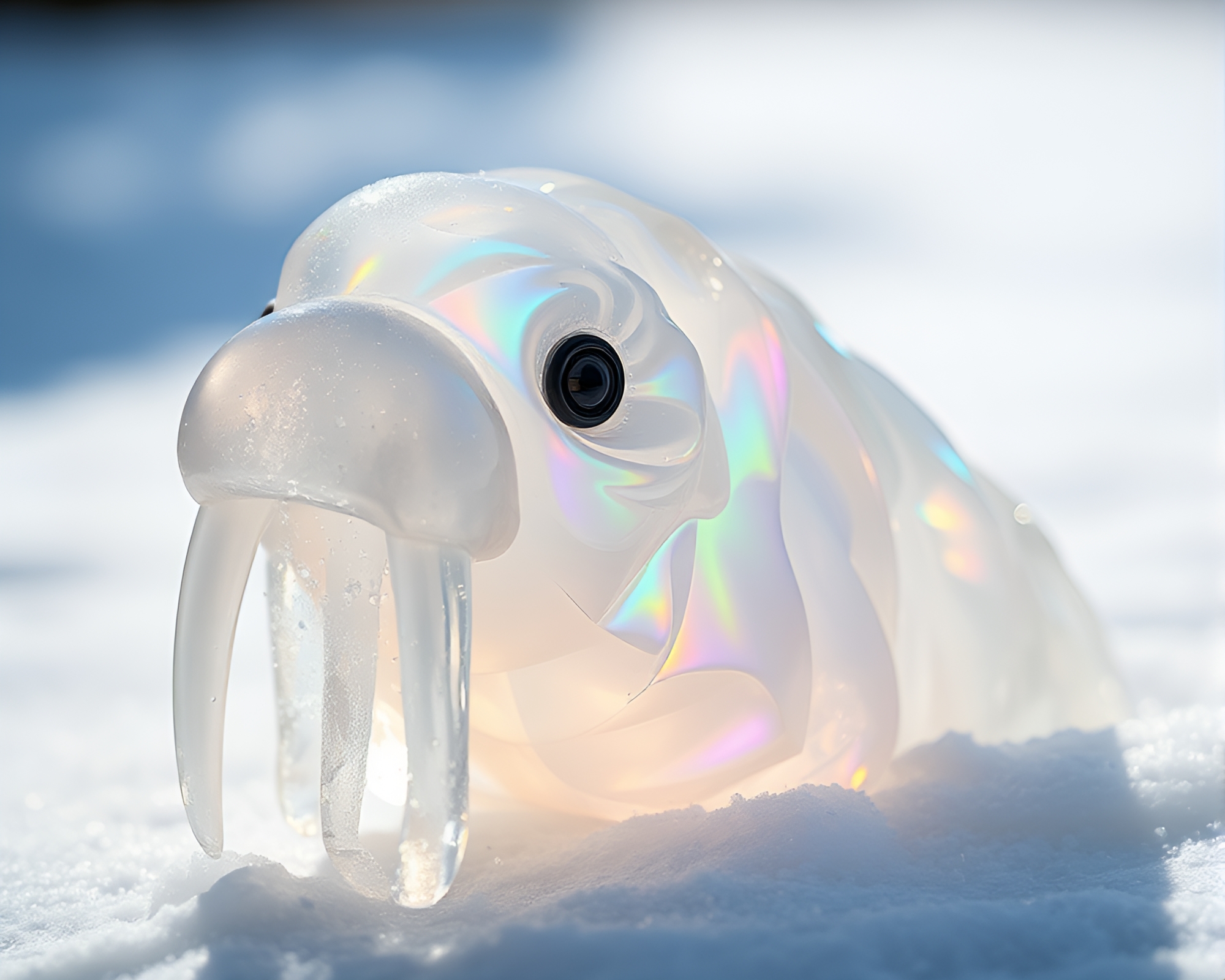Iridescent Soap Film Walrus in Snow Light – free AI stock image