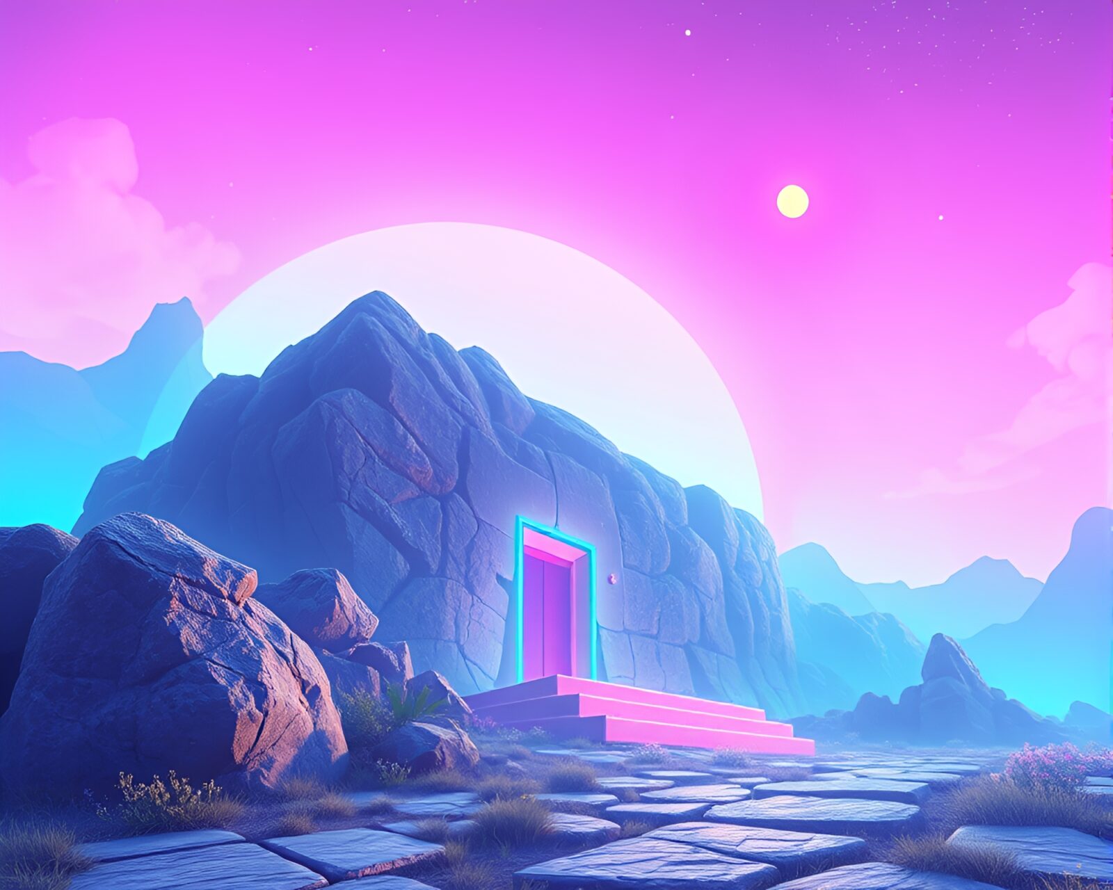 Soft pastel glowing rune stone from low angle view
