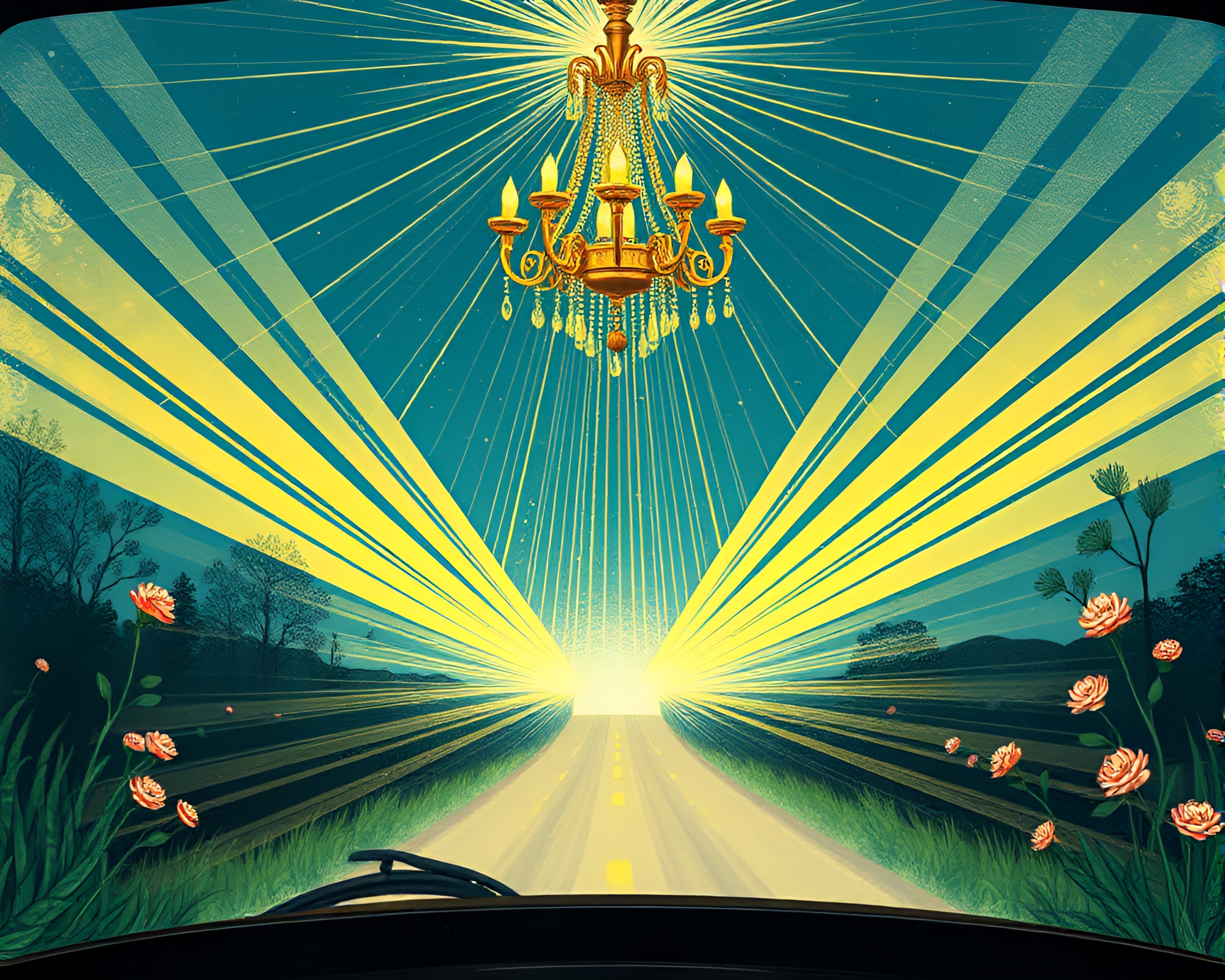 Victorian Chandelier with Botanical God Rays and Car Light Trails – free AI stock image