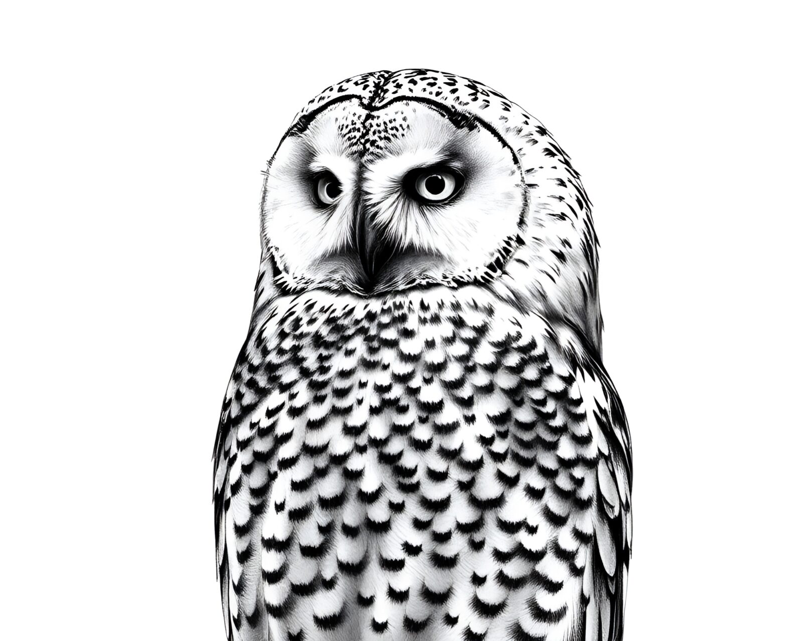 Beautiful snowy owl in gray pencil shading and grain overlay