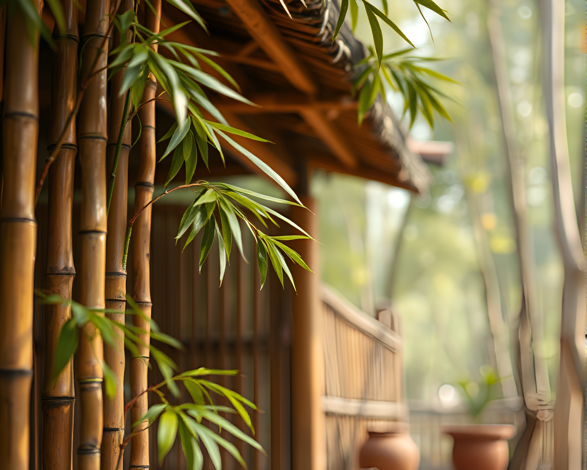 Bamboo Hut Oasis with Hologram Glow – free AI stock image