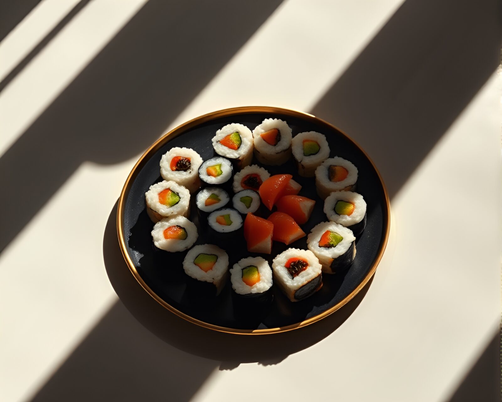 Abstract sushi platter with hard shadows in op art style