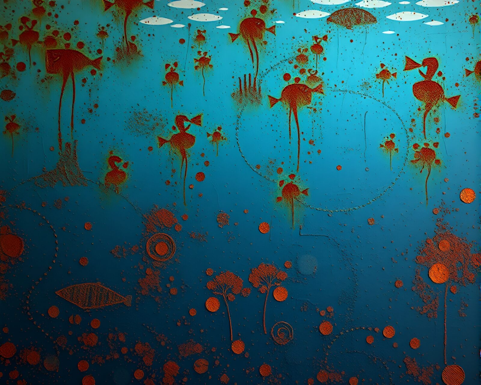 A detailed mural painting of a rusted submarine undersea