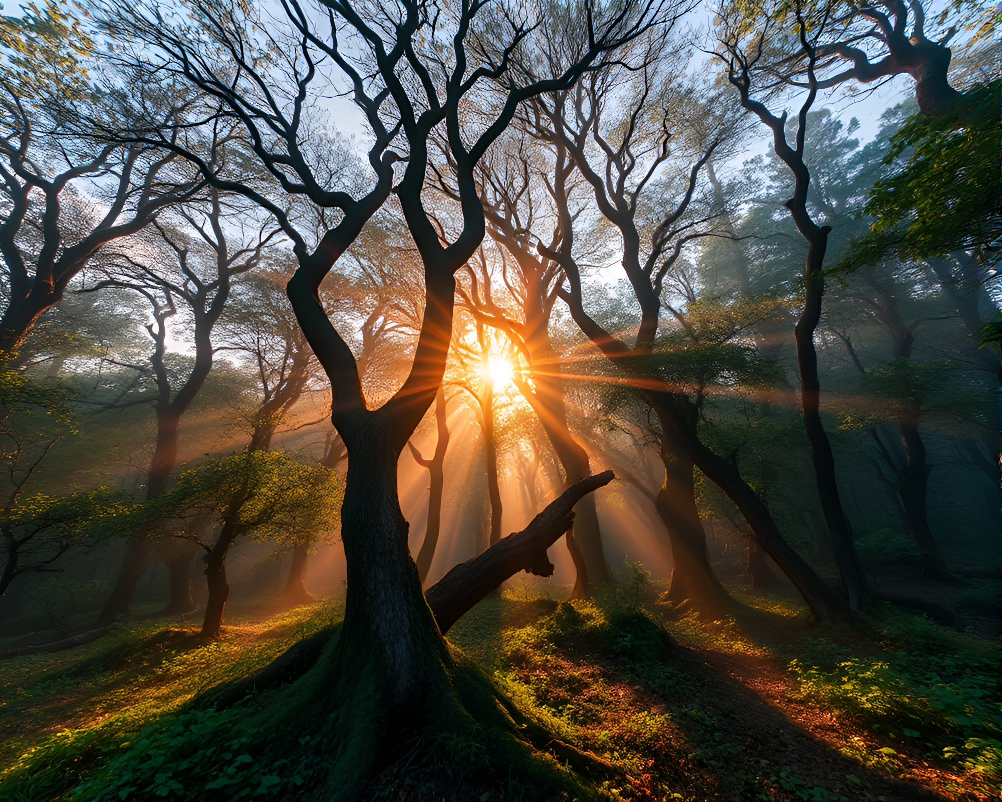 Prismatic Ancient Grove Illuminated by Digital Twilight – free AI stock image