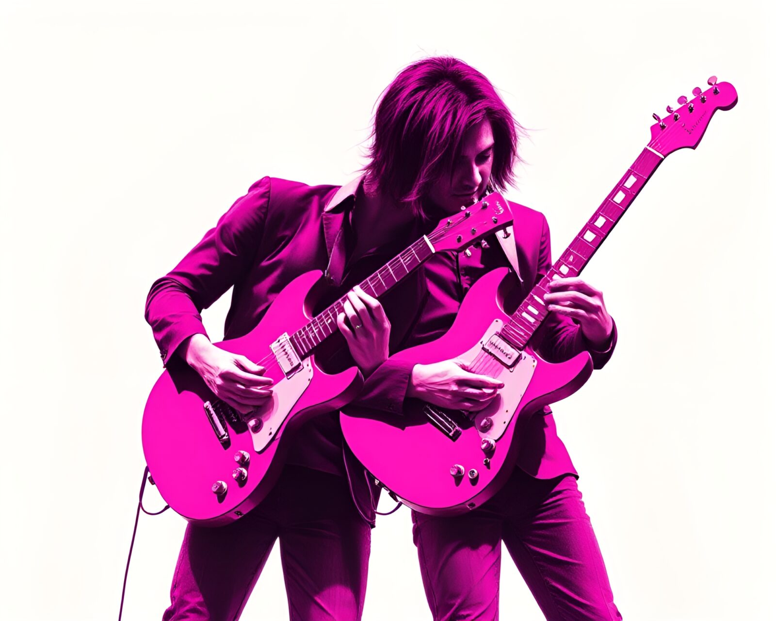 Abstract image of a guitar reflecting in a magenta-lit world