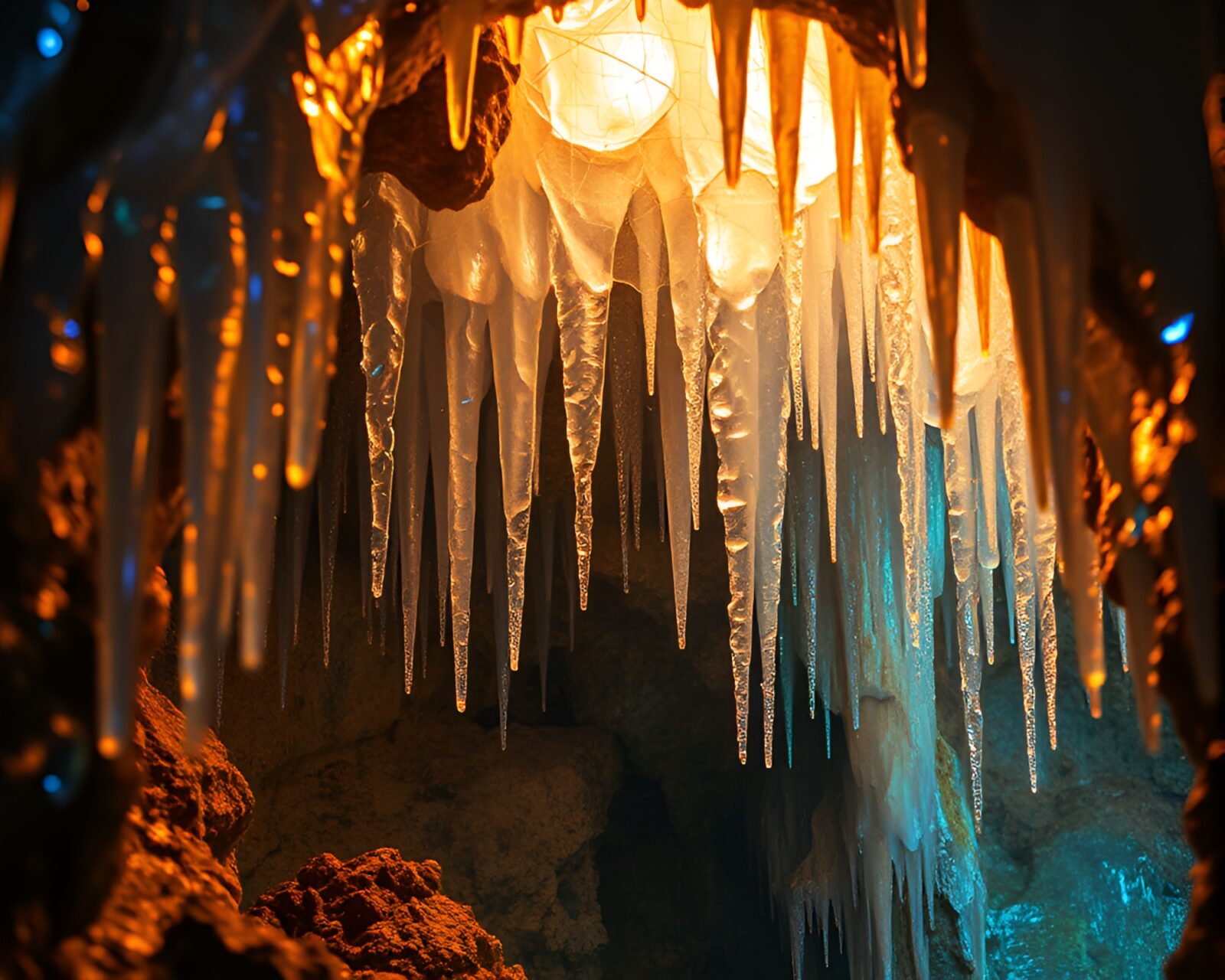 Colorful pointillism artwork of cave stalactites reflected on broken glass