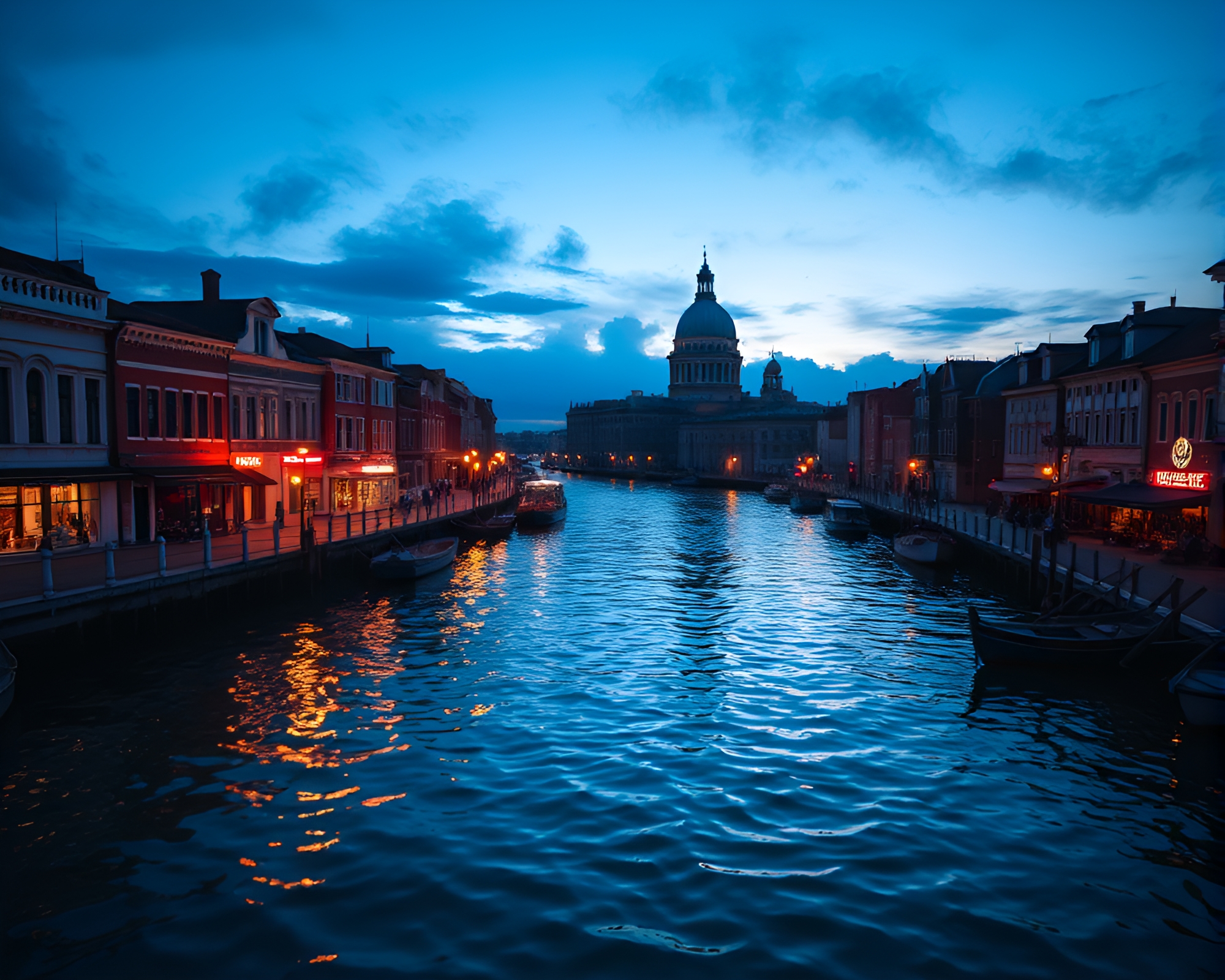Neon-lit Venetian Canal Reflection at Polar Twilight – free AI stock image