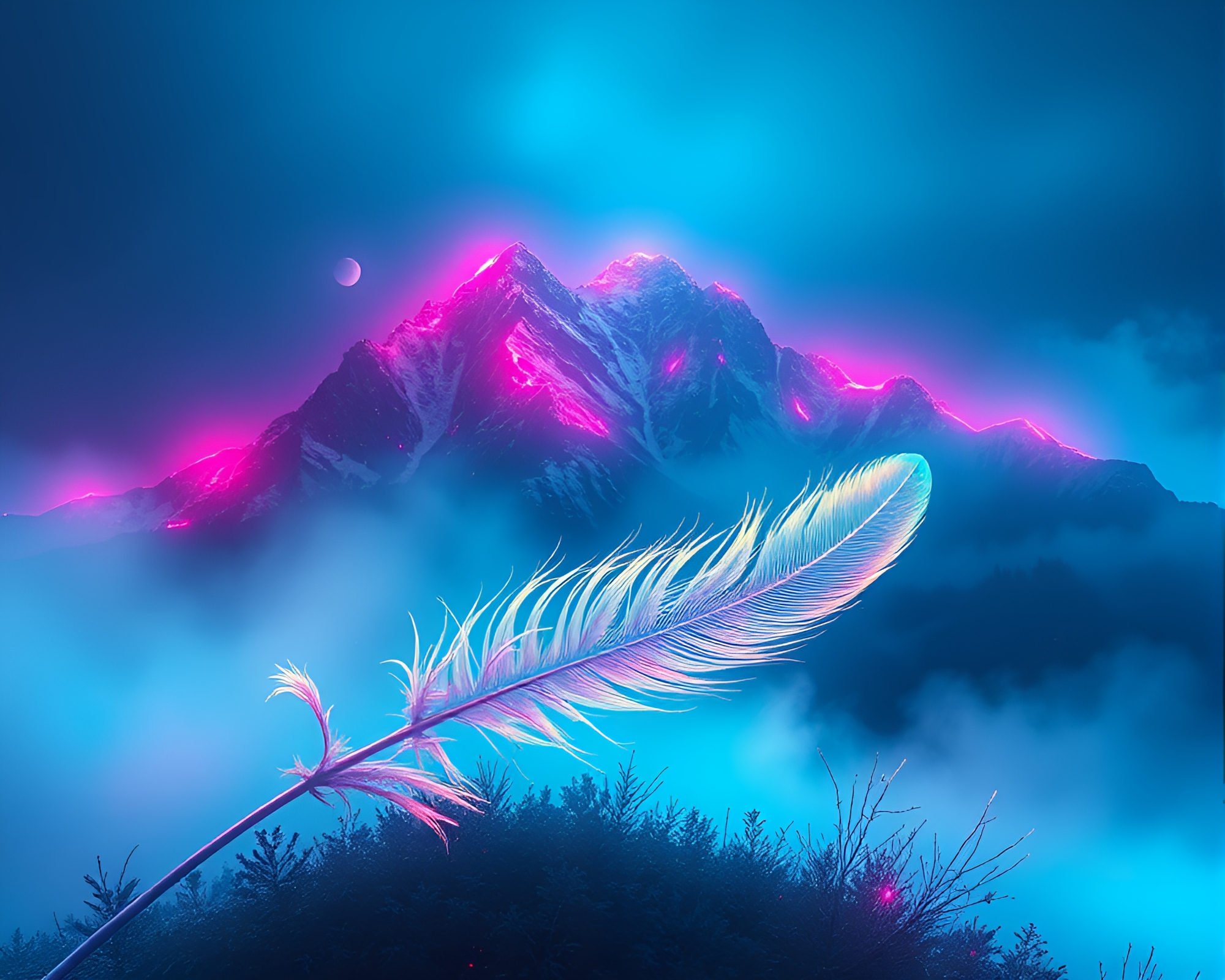 Mist-Covered Mountain Glitch Feather Dusting Neon Sign – free AI stock image