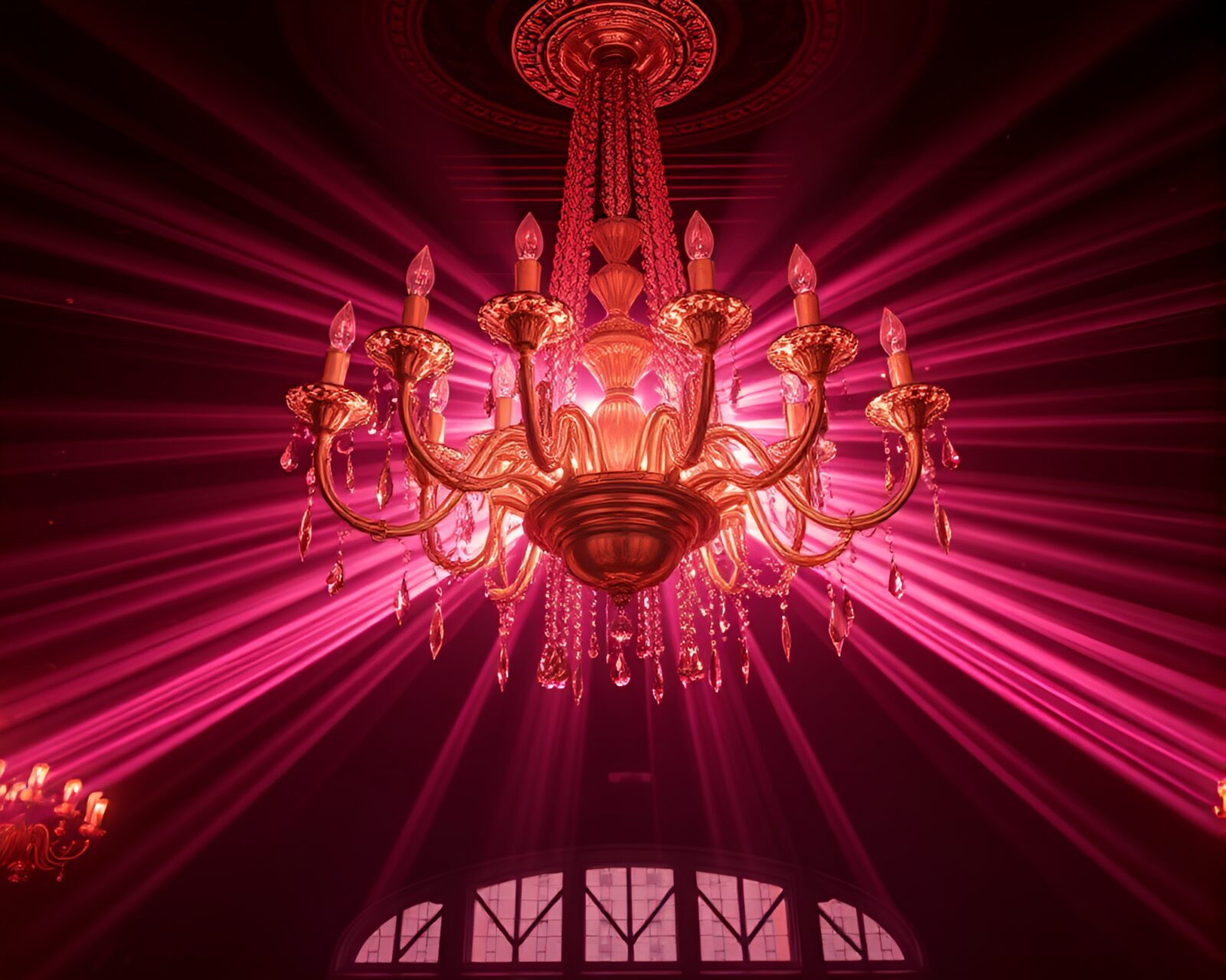 Luxurious chandelier enveloped in glowing rose gold laser light