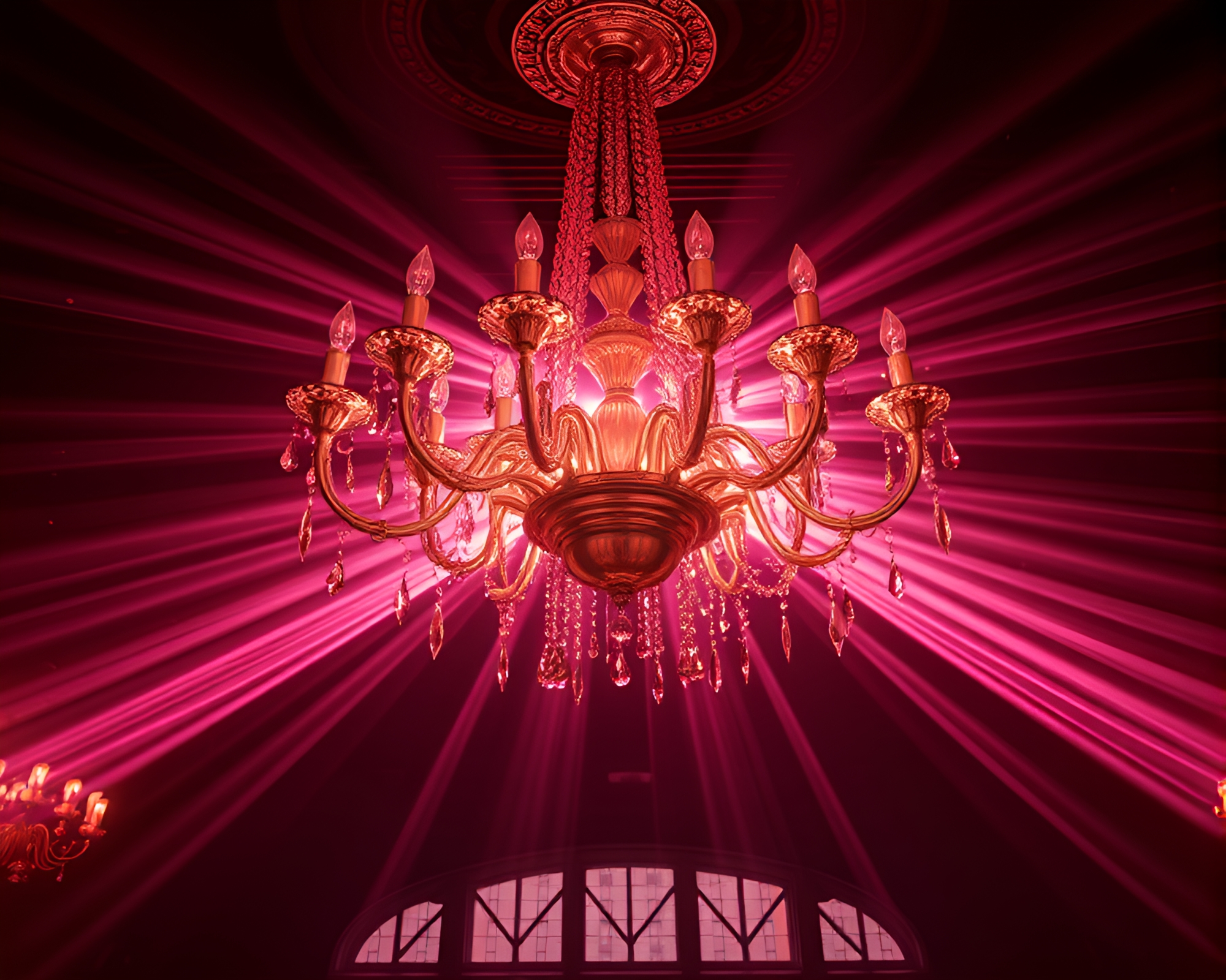 Elegant Chandelier Bathed in Rose Gold Laser Beams – free AI stock image