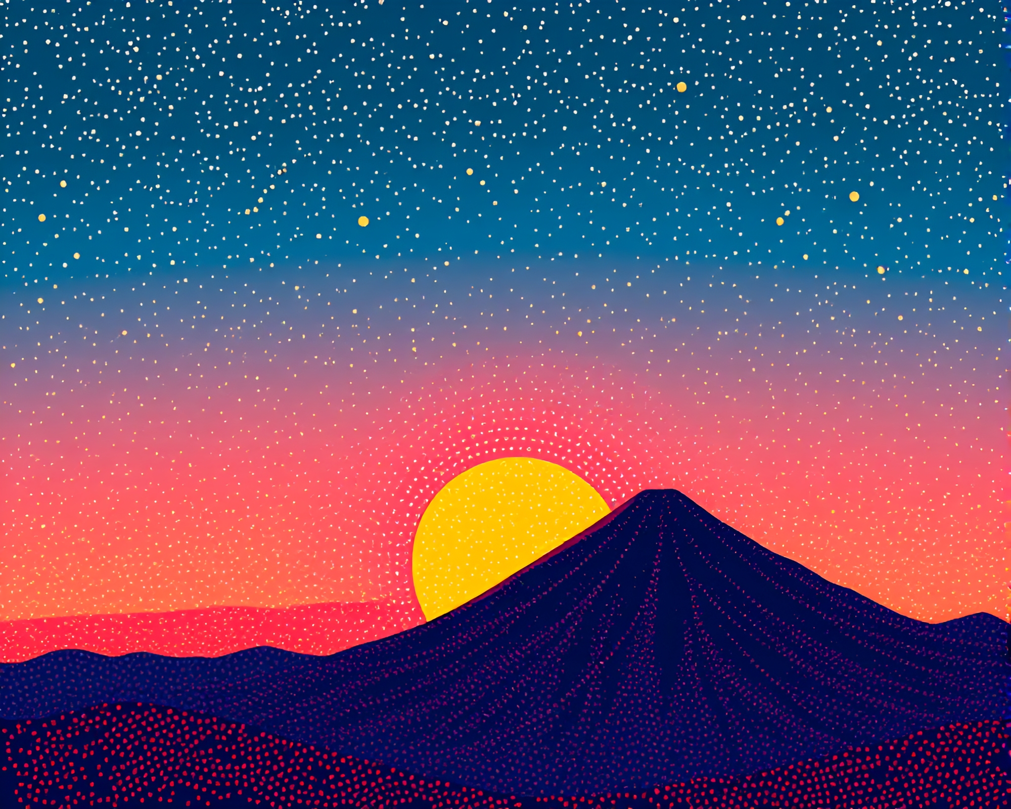 Volcanic Eruption at Sunrise: Pointillist Tenebrism – free AI stock image