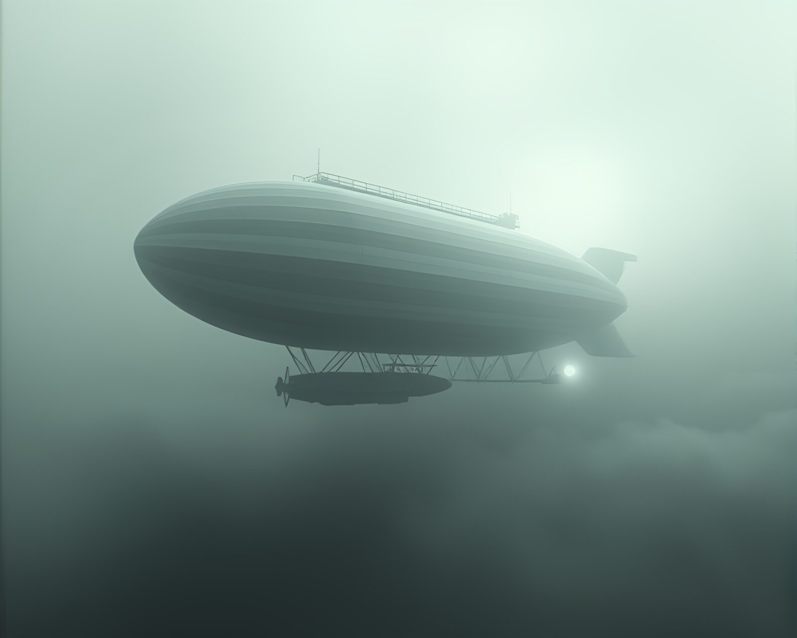 CGI render of a Zeppelin looming in dense fog