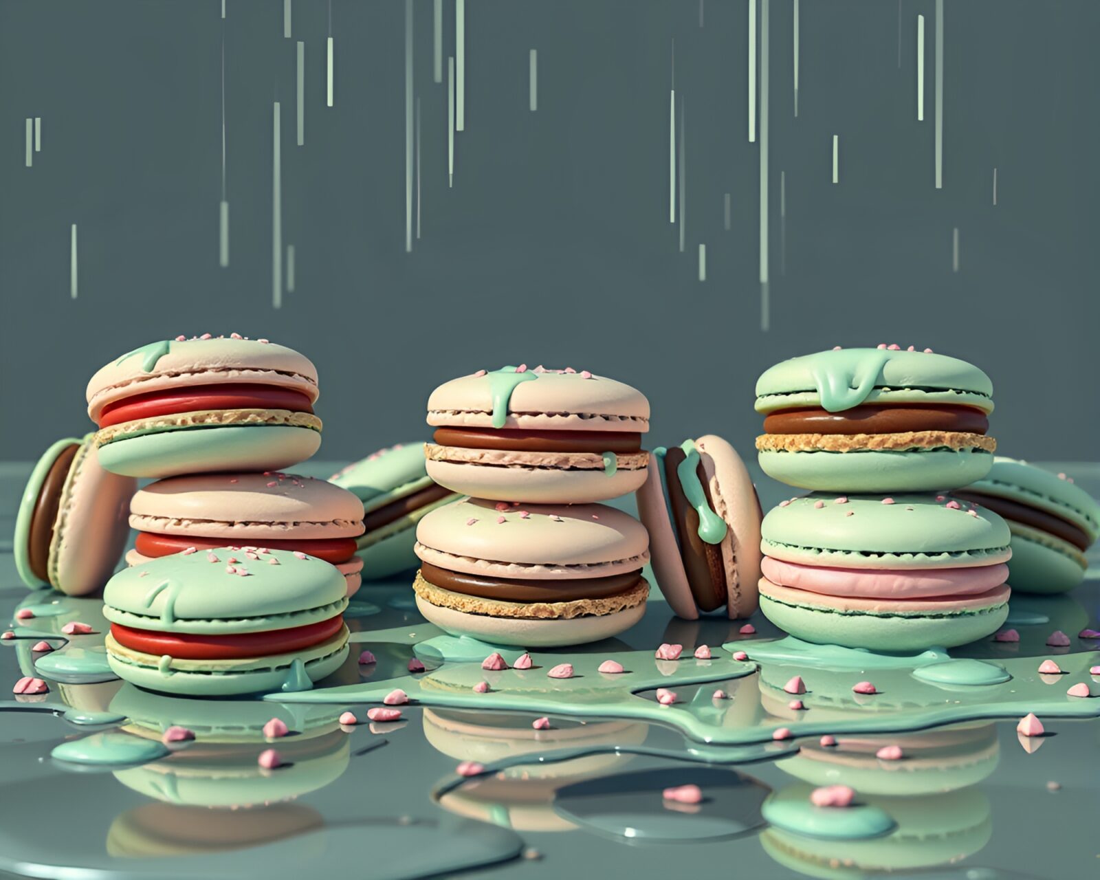 Illustration of neon mint green macarons on slick pavement