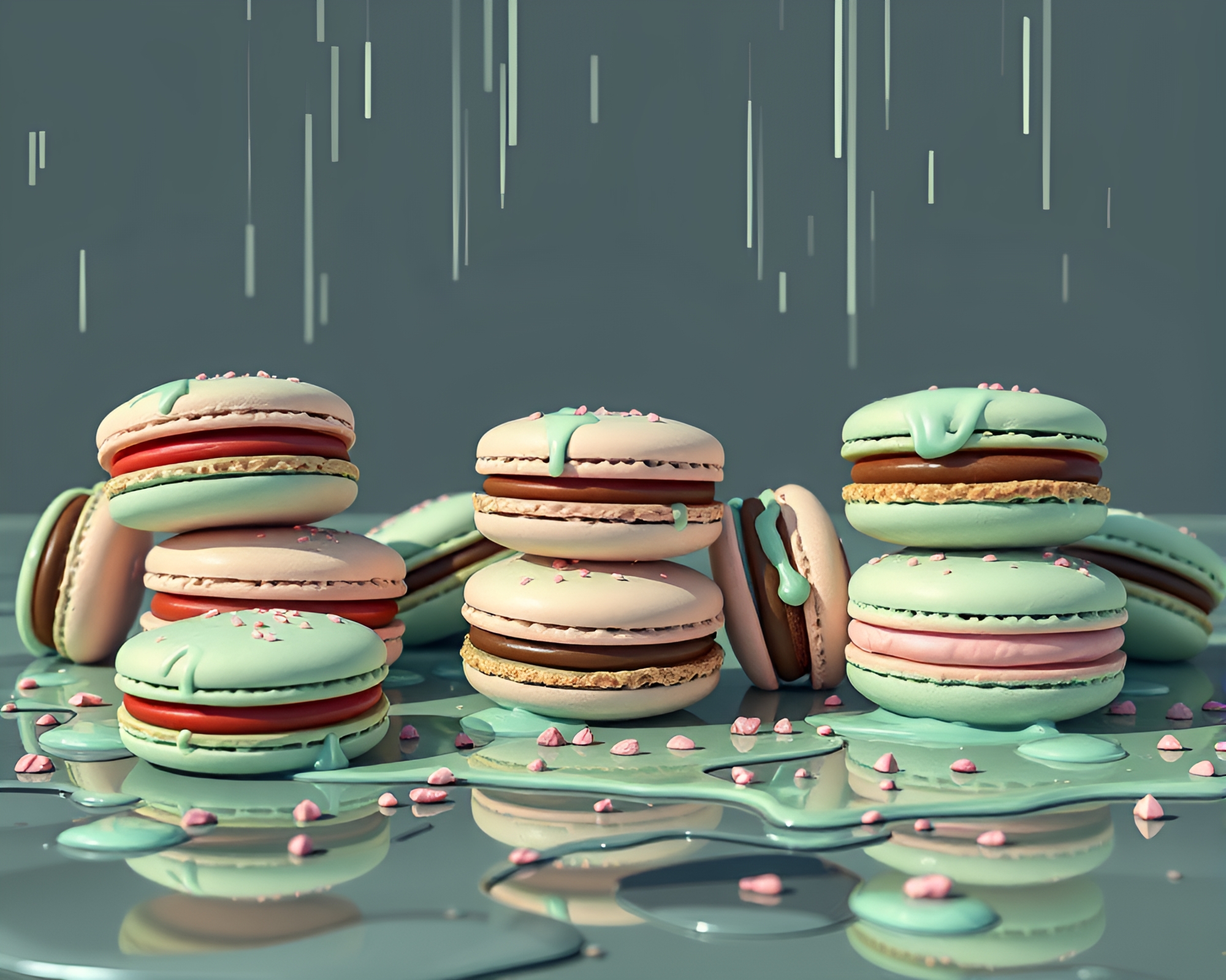 Futuristic Mint Green Macaron Assortment on Wet Pavement – free AI stock image