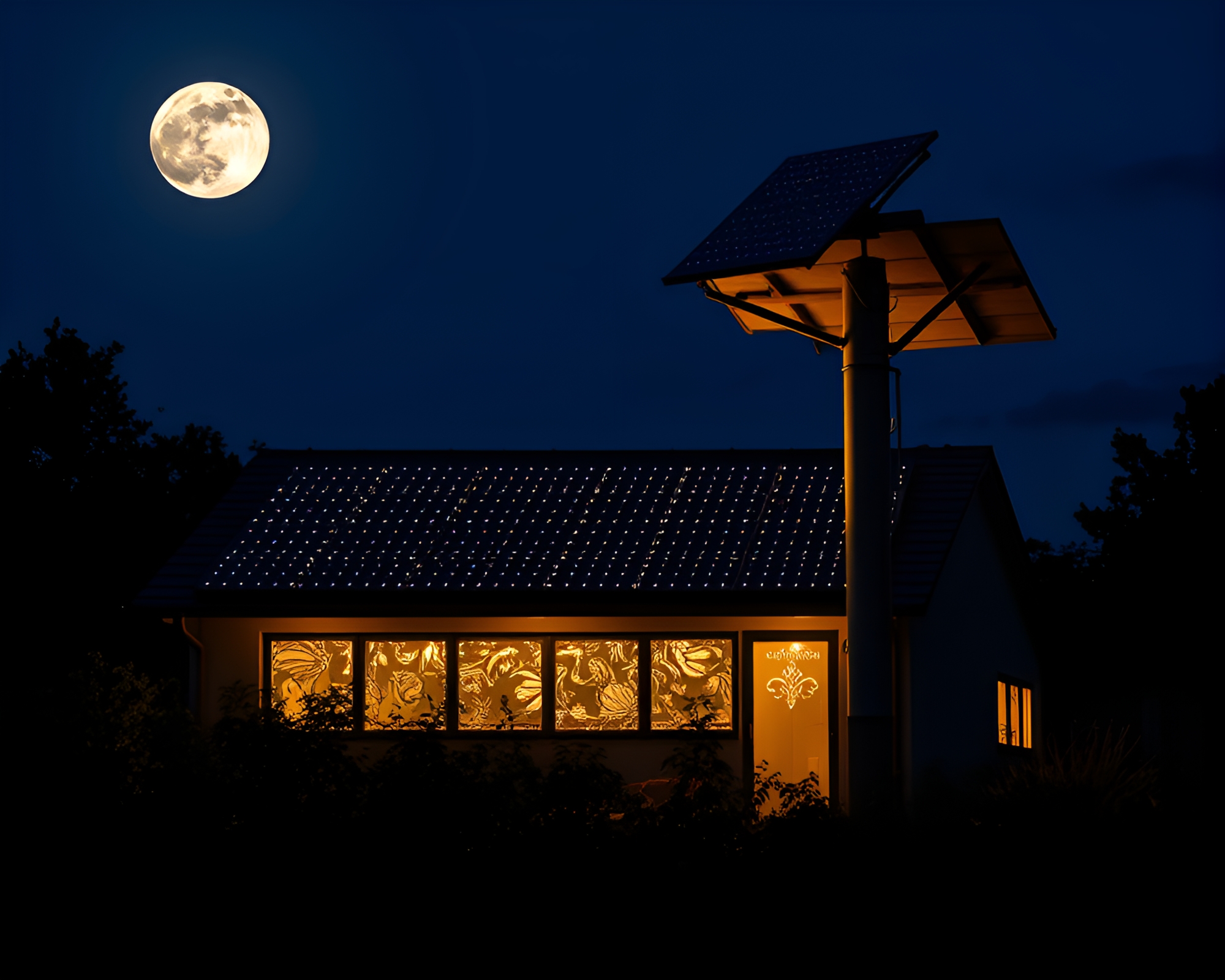 Solar Panel Array Illuminated by LED Light Art – free AI stock image