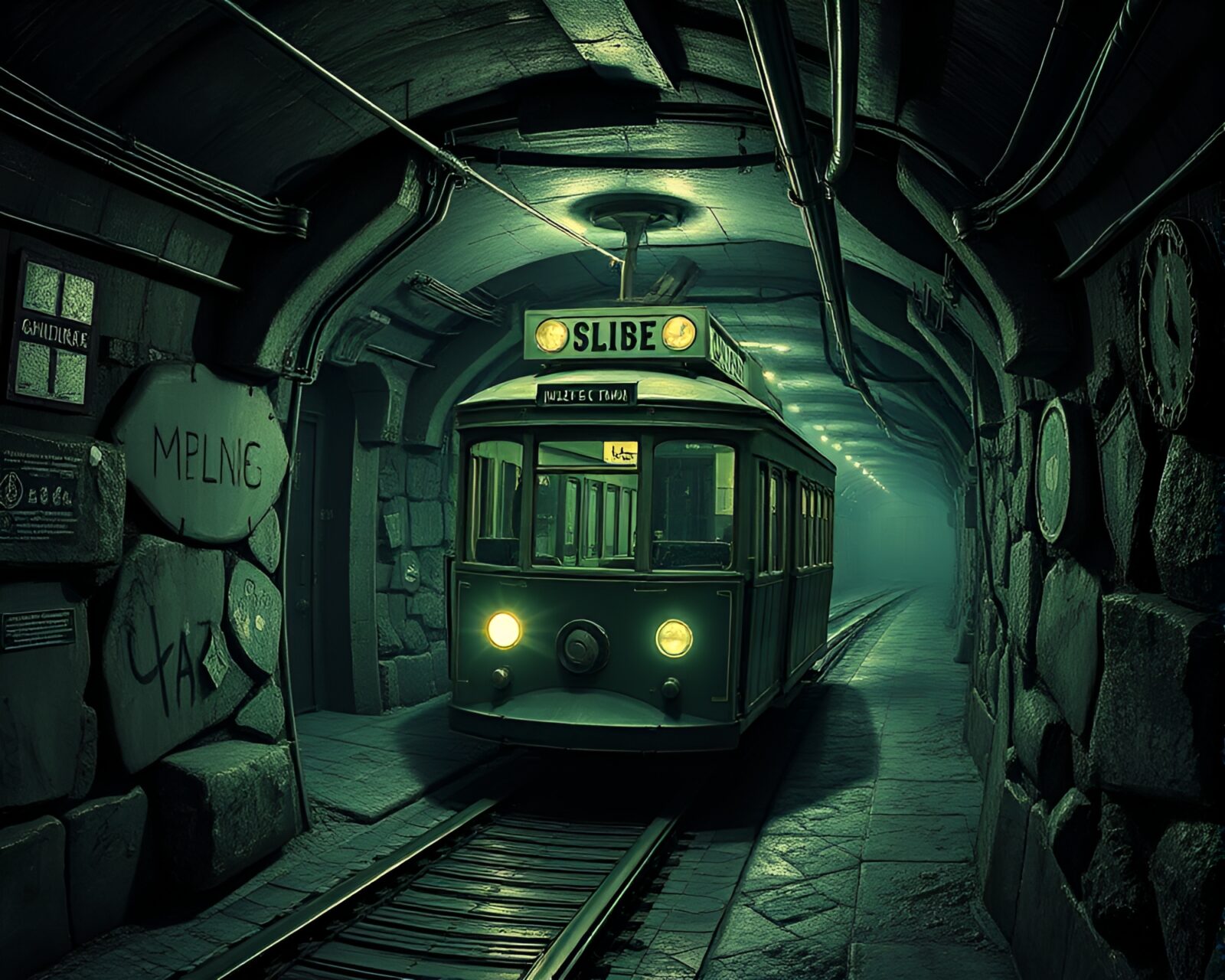 Dark, intricate art of detailed cable car in underground