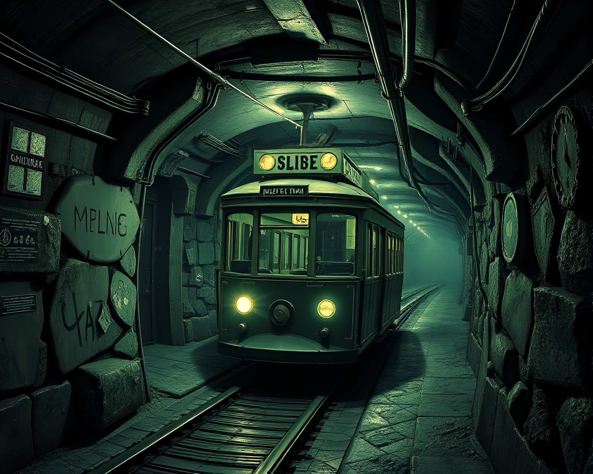 Engraved Cable Car Descending in Basement Gloom – free AI stock image