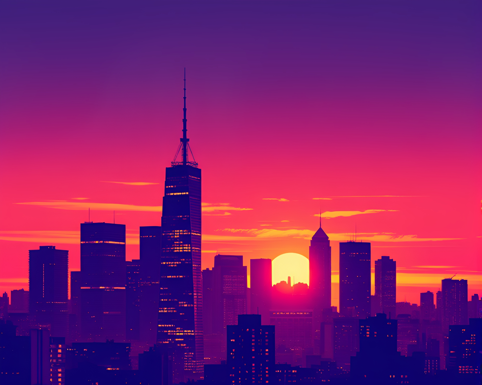 Halftone Grid Skyscraper City at Ultraviolet Sunset – free AI stock image