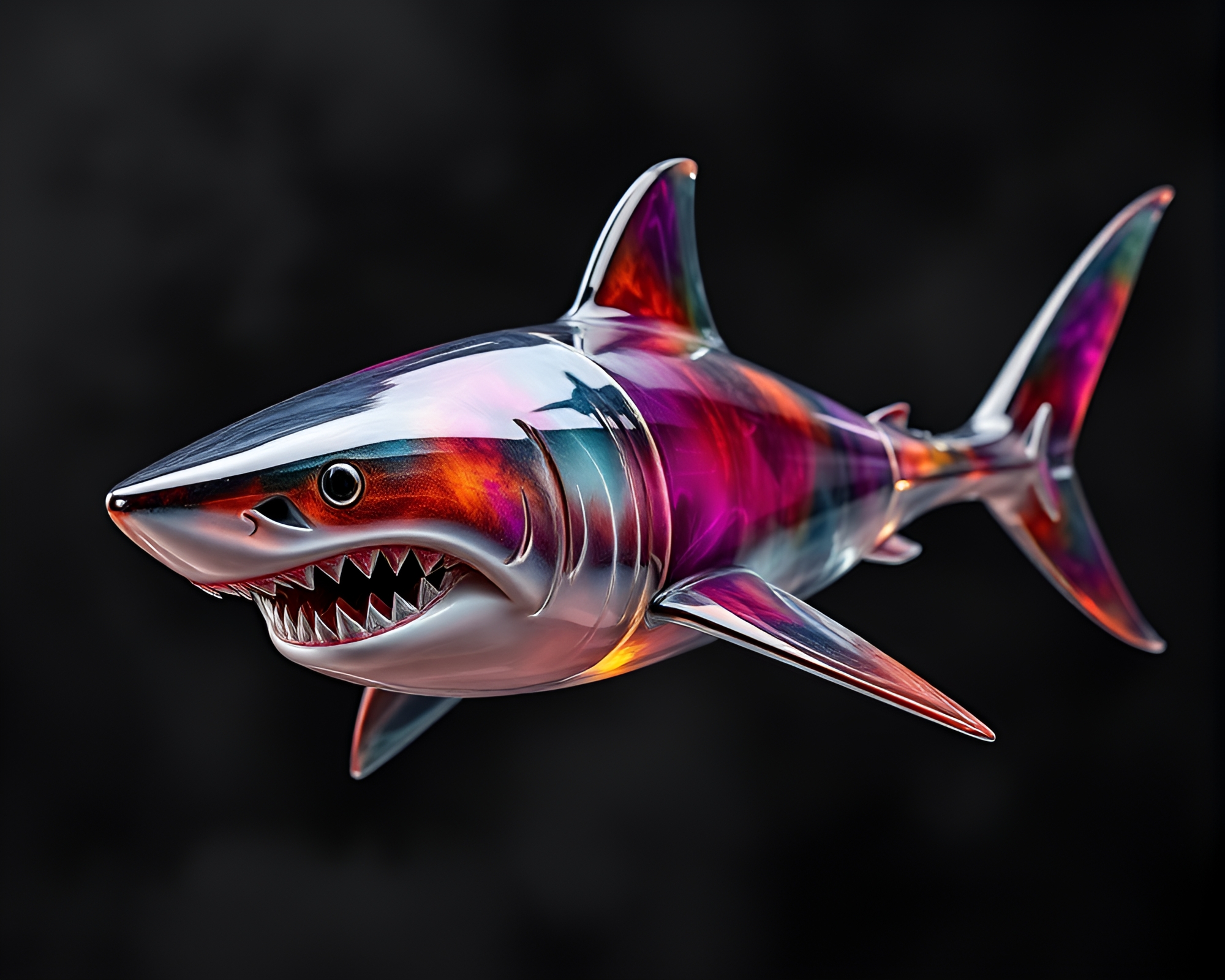 Shark swimming through distorted glass in tri-tone haze – free AI stock image